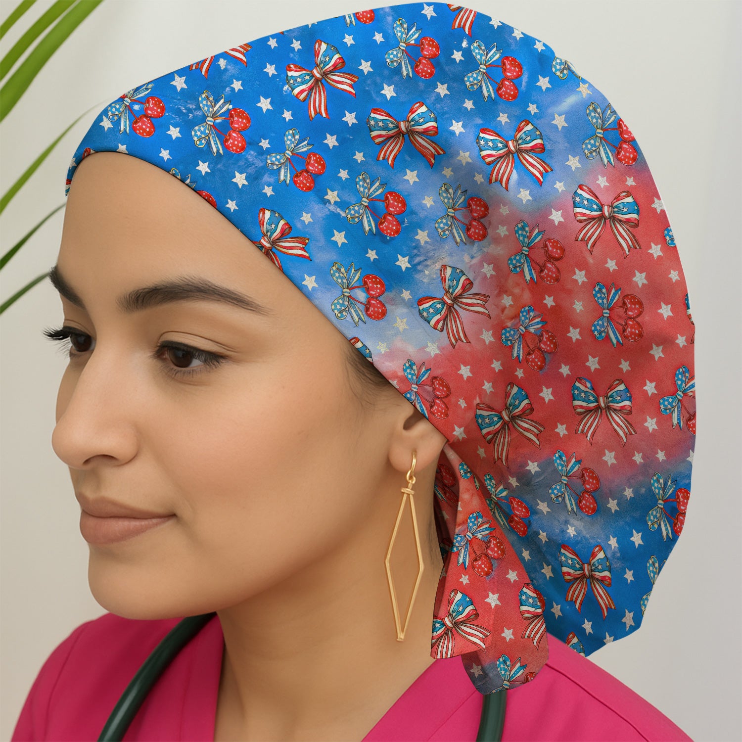 Festive Patriotic Star Bow Cherry Pattern Nurse Scrub Cap, Surgical Caps for Doctors