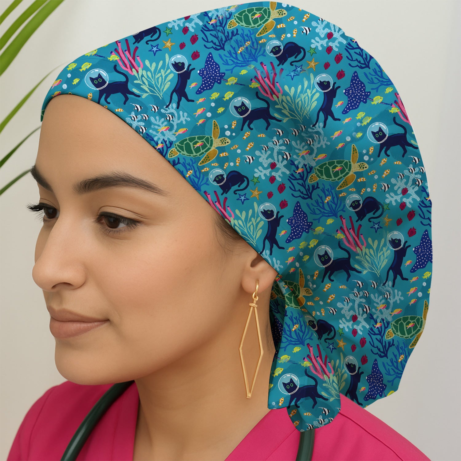 Underwater Cat Turtle Veterinary Pattern Scrub Cap, Surgical Caps for Doctors