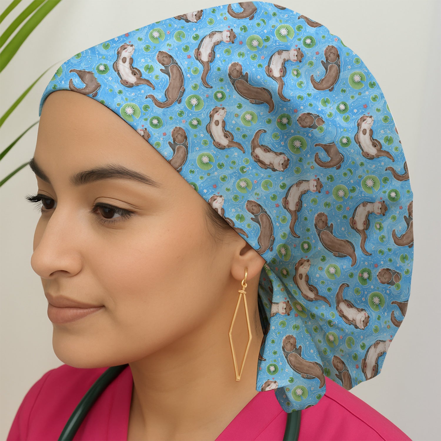 Cute Otter Lily Pond Nurse Print Scrub Cap, Surgical Caps for Doctors