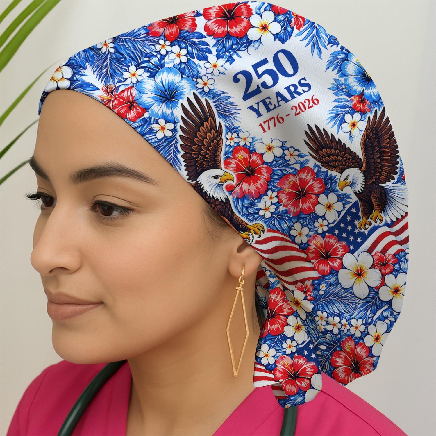 Patriotic Eagle Floral Pattern, America 250 Medical Scrub Cap, Surgical Caps for Doctors