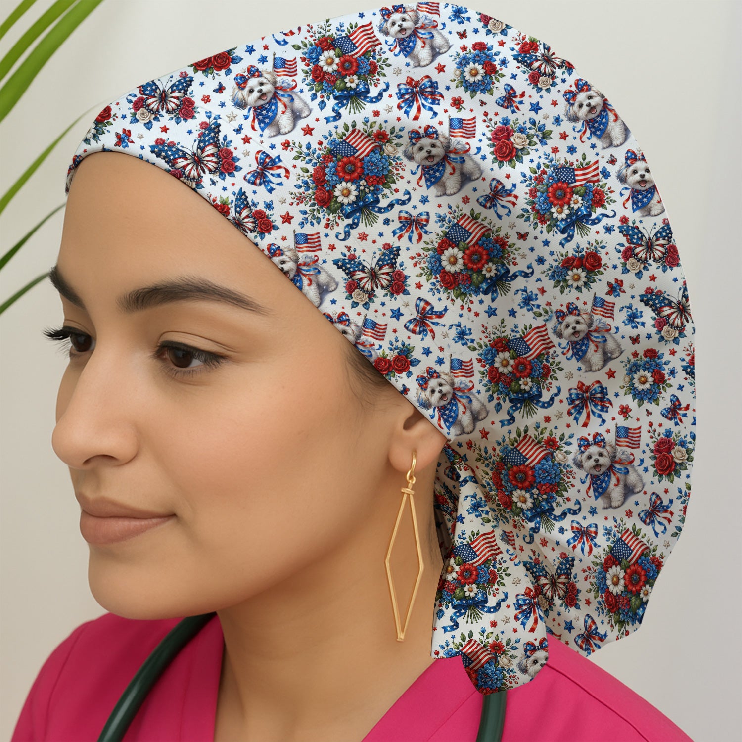 Patriotic Puppy Floral Bouquet Pattern Scrub Cap, Surgical Caps for Doctors