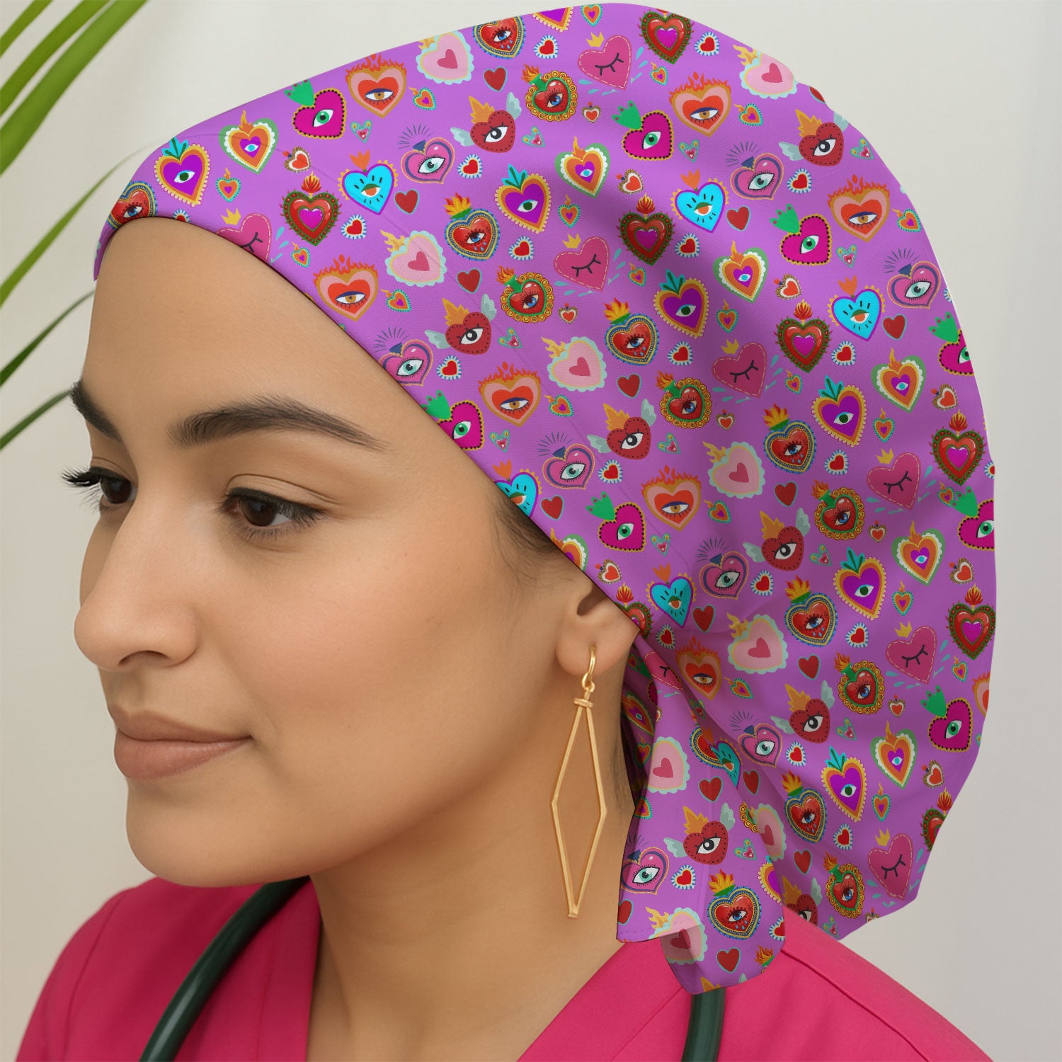 Valentine Colorful Sacred Heart Print Cap, Bouffant Scrub Caps for Women