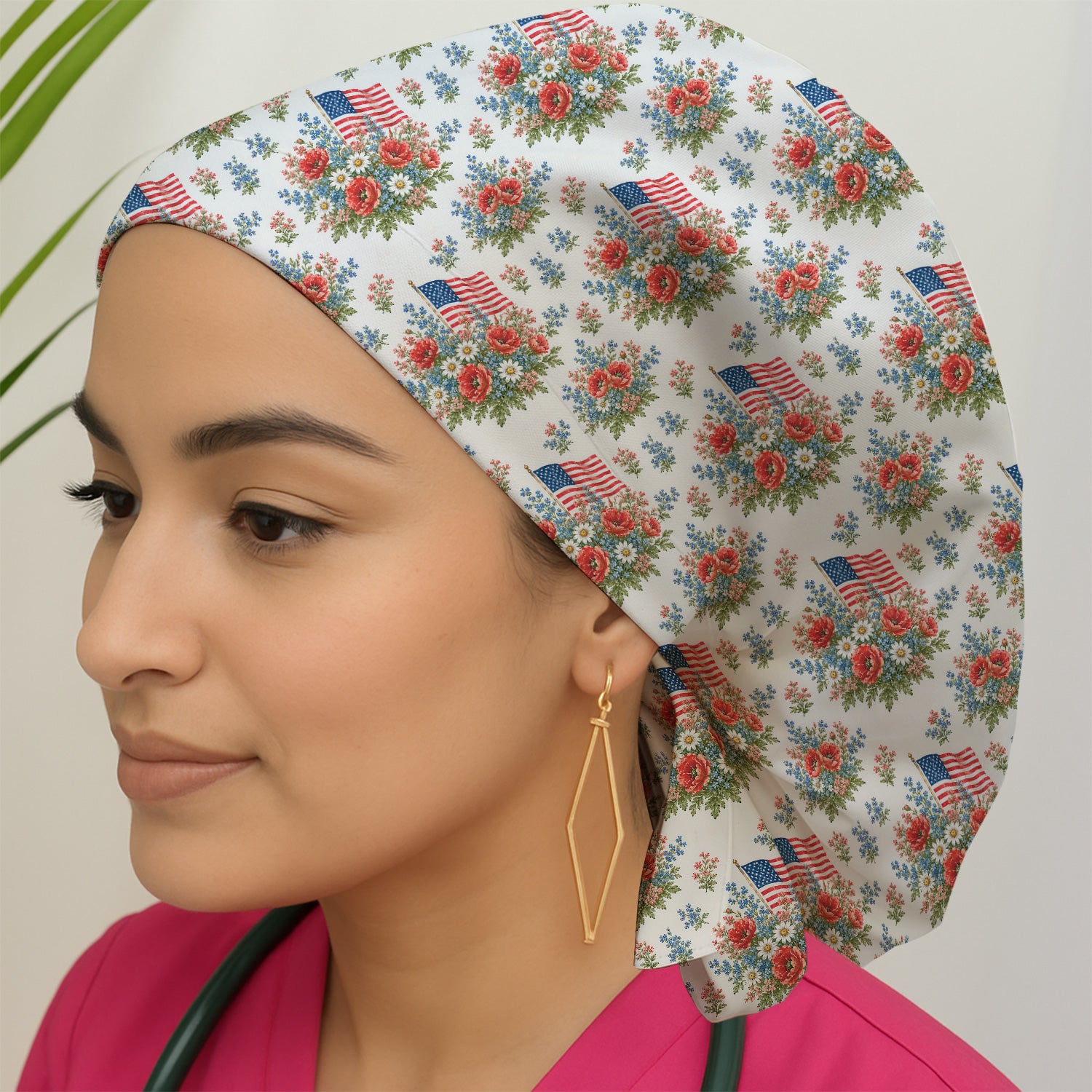 Patriotic Floral With USA Flag Pattern Scrub Cap, Surgical Caps for Doctors