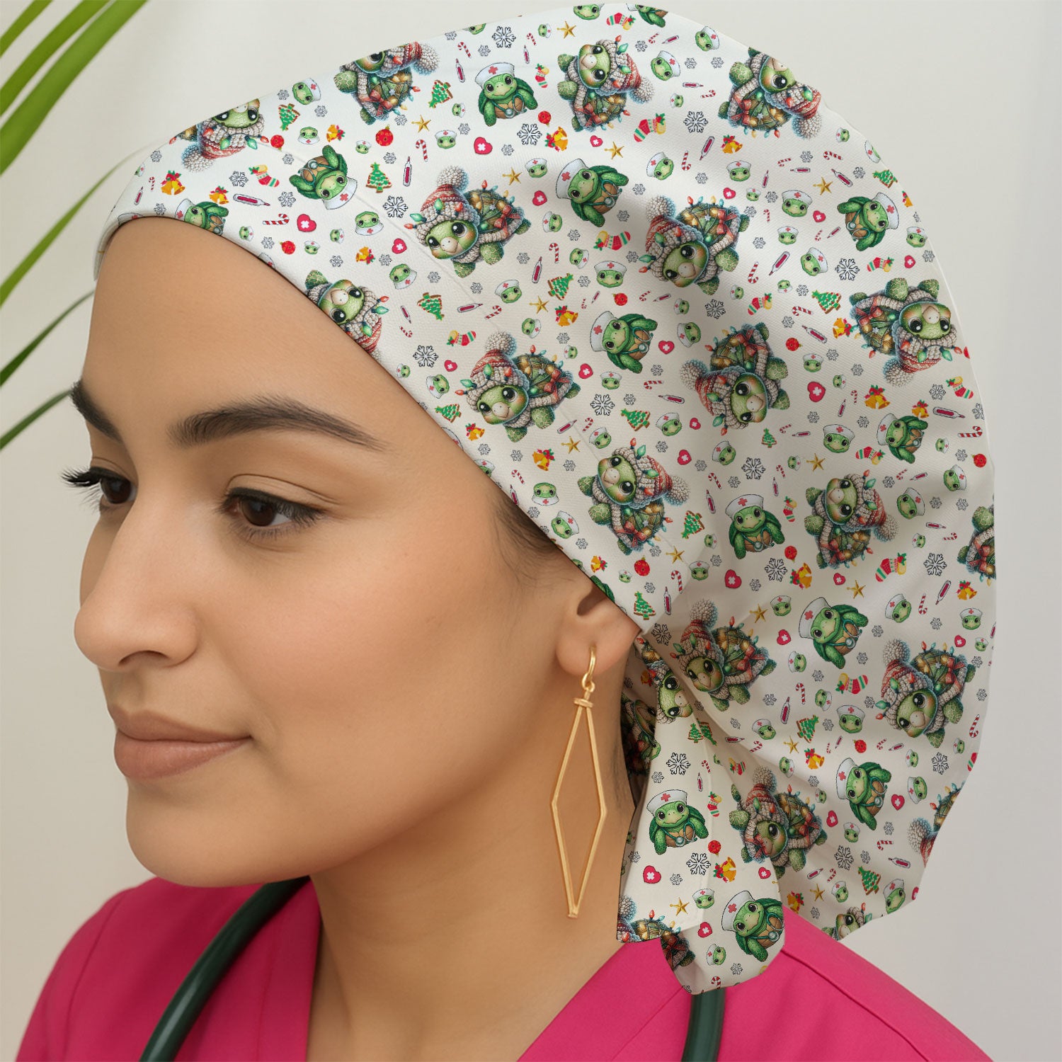 Christmas Turtle Bouffant Scrub Caps for Women - Cute Caps for Her - Breathable Fabrics Caps Uniform