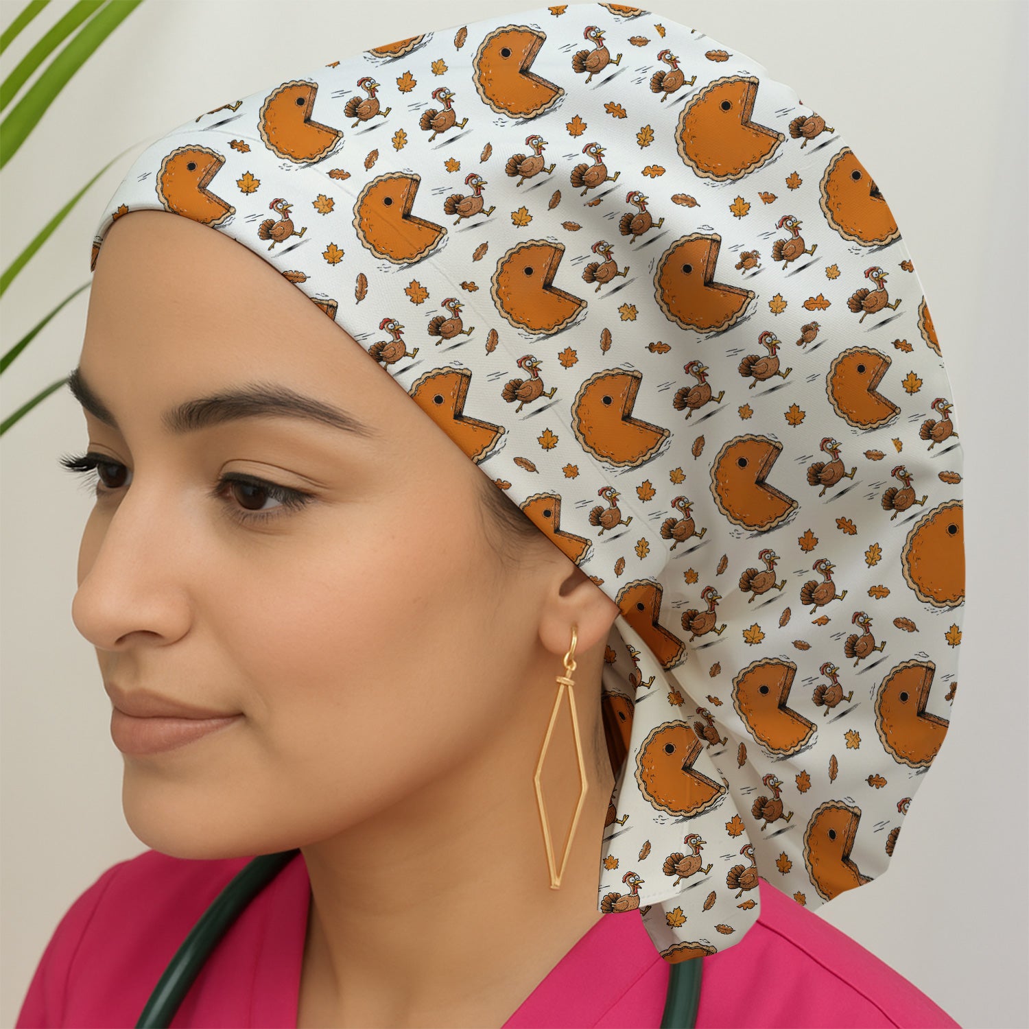 Thanksgiving Pie Chasing Turkey Scrub Cap, Surgical Caps for Doctors