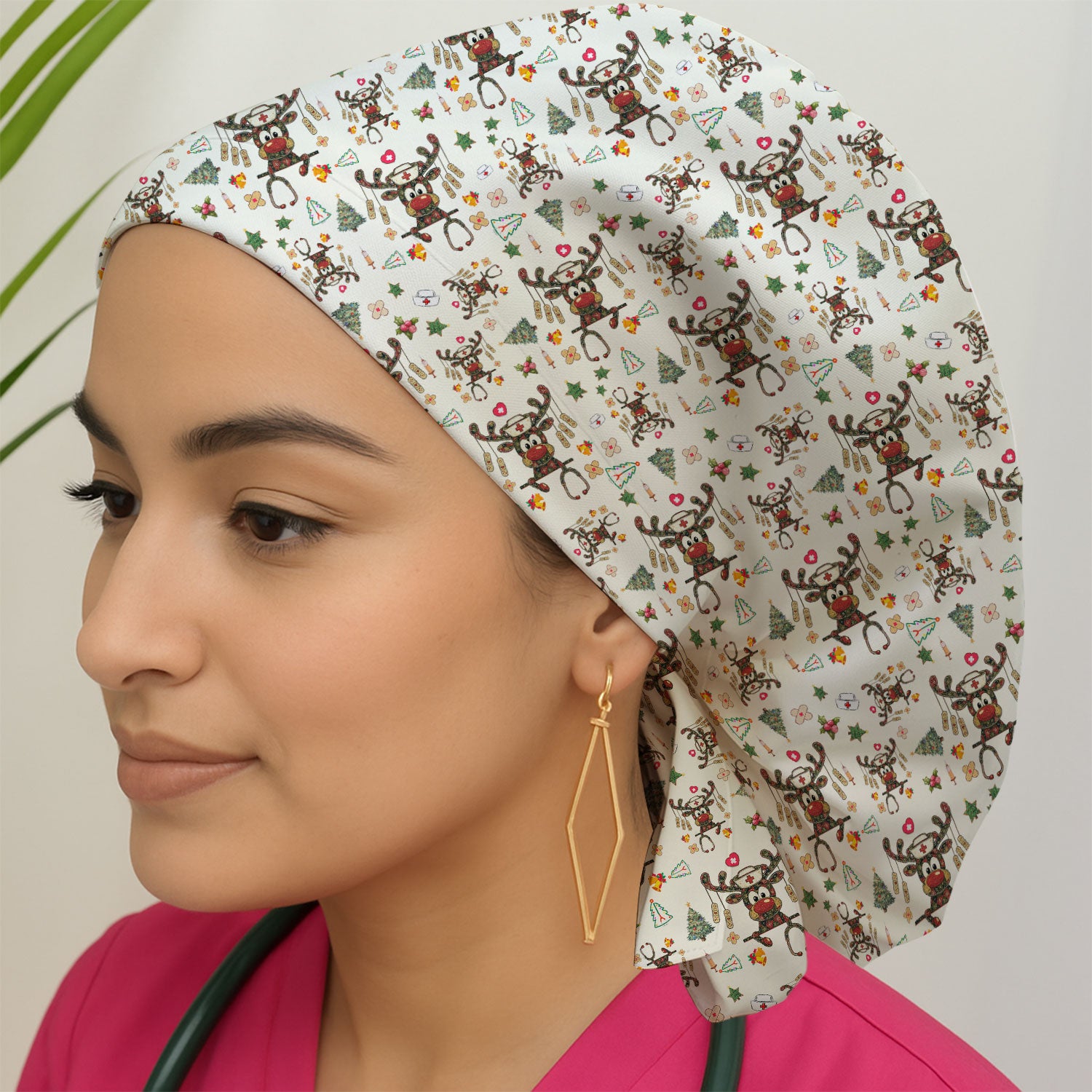 Reindeer Christmas Bouffant Scrub Caps for Women - Funny Holiday Caps - Breathable Fabrics Caps Uniform