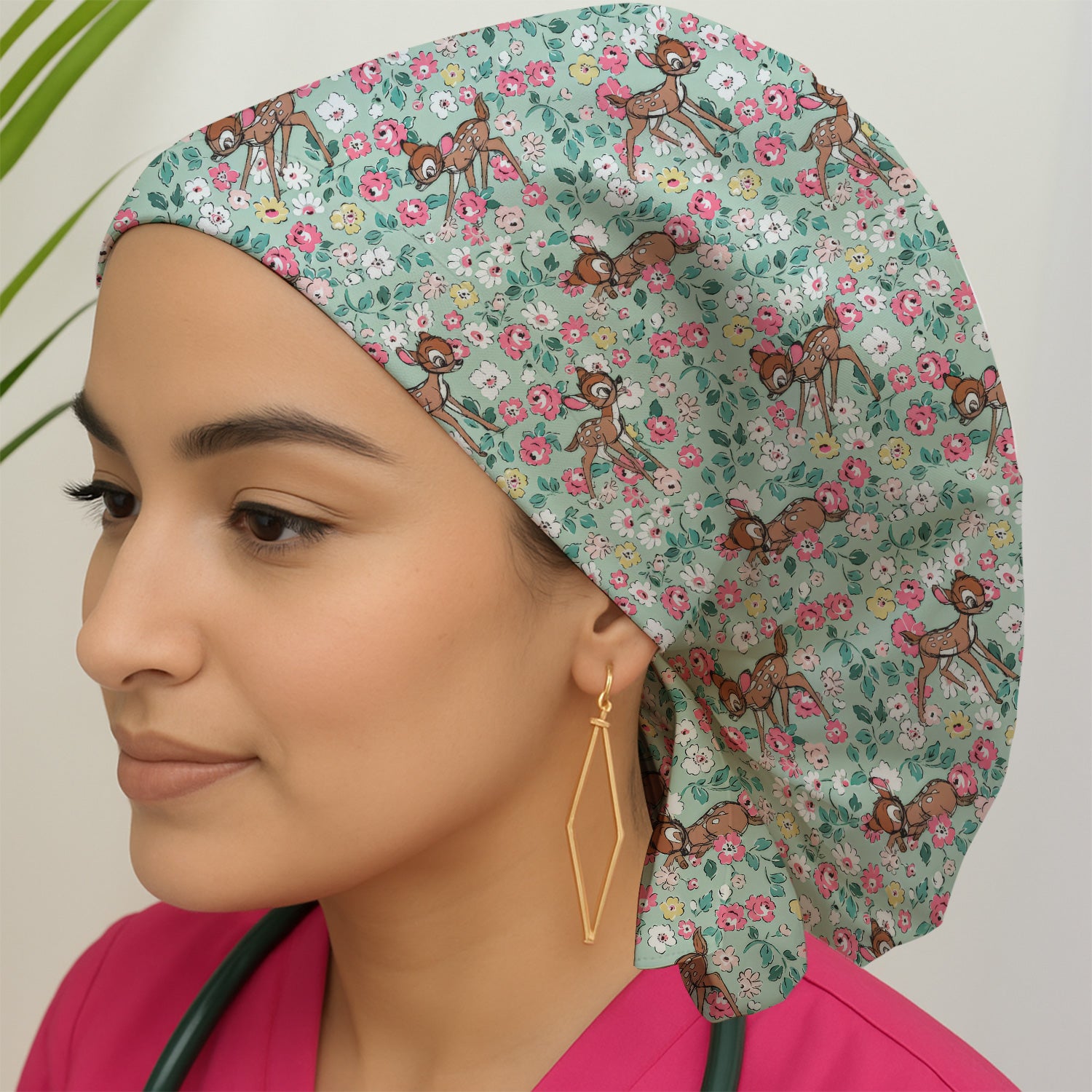 Cute Baby Deer Floral Pattern Pattern Scrub Cap, Breathable Fabrics Caps Uniform