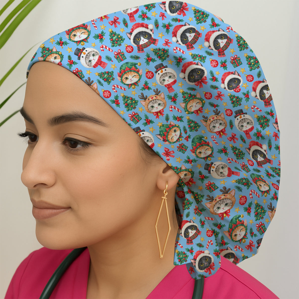 Christmas Cats And Trees Pattern Scrub Cap, Kawaii Medical Pattern Hat, Breathable Fabrics Nursing Uniform