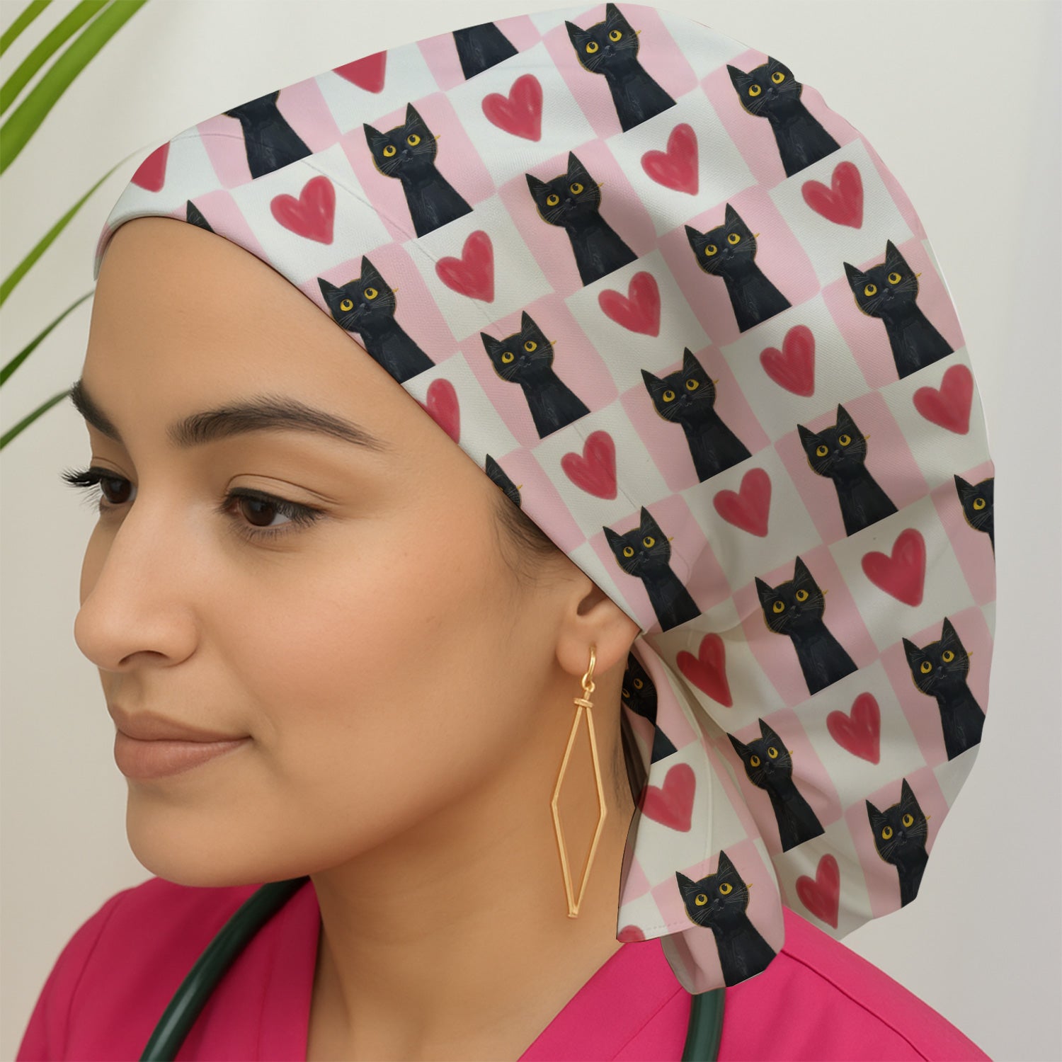 Cute Black Cat Heart Print Surgical Scrub Cap, Pink Medical Work Hat
