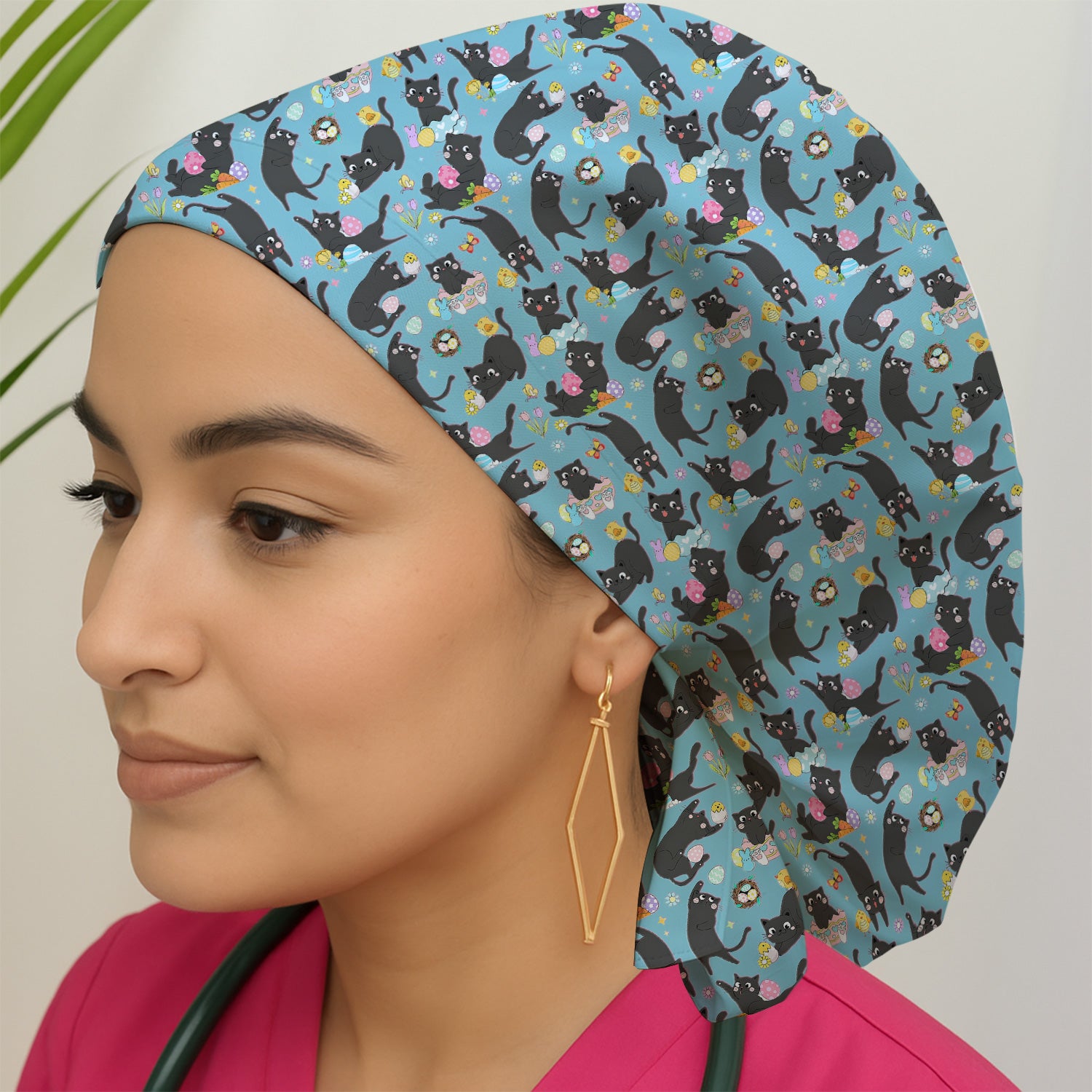 Playful Black Cat Easter Egg Pattern Cap, Bouffant Scrub Caps for Women