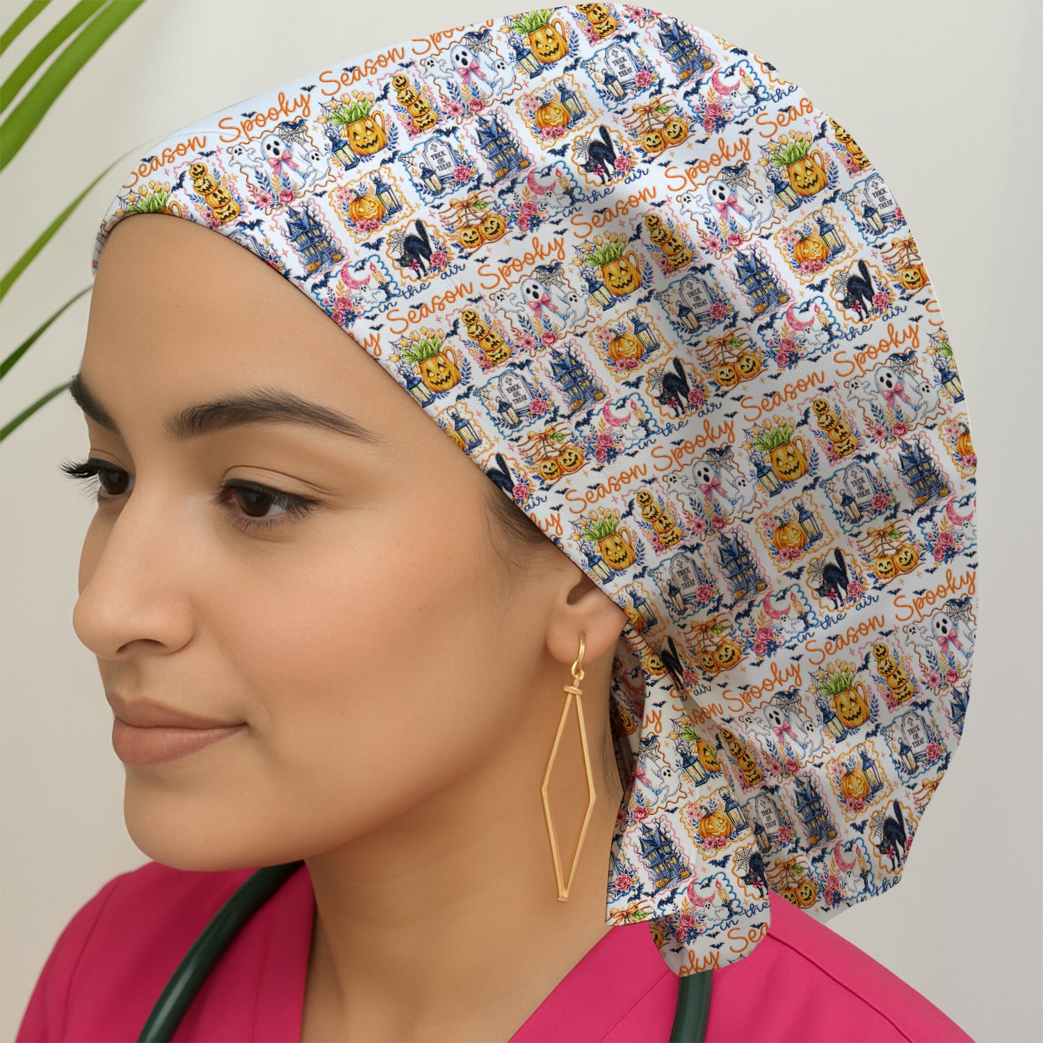 Spooky Halloween Pumpkin Ghost Pattern Scrub Cap, Surgical Caps for Doctors
