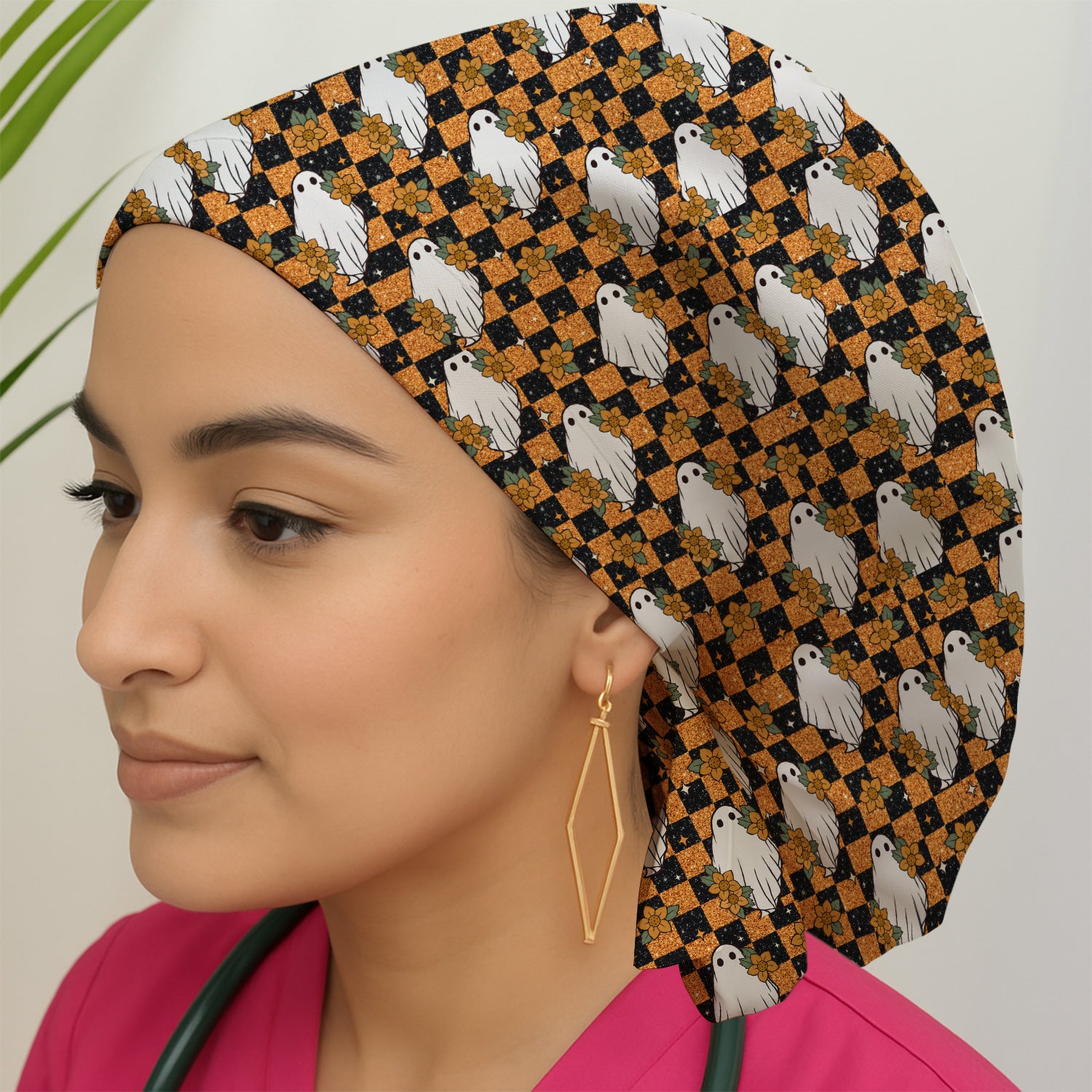 Spooky Halloween Ghost Checkerboard Scrub Cap, Surgical Caps for Doctors