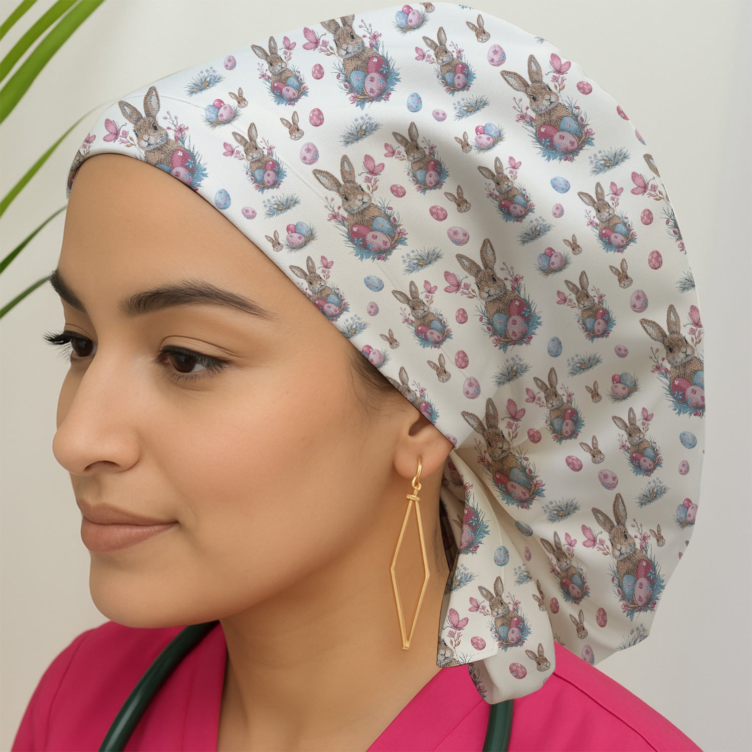 Pastel Easter Bunny Nest Pattern Print Cap, Bouffant Scrub Caps for Women
