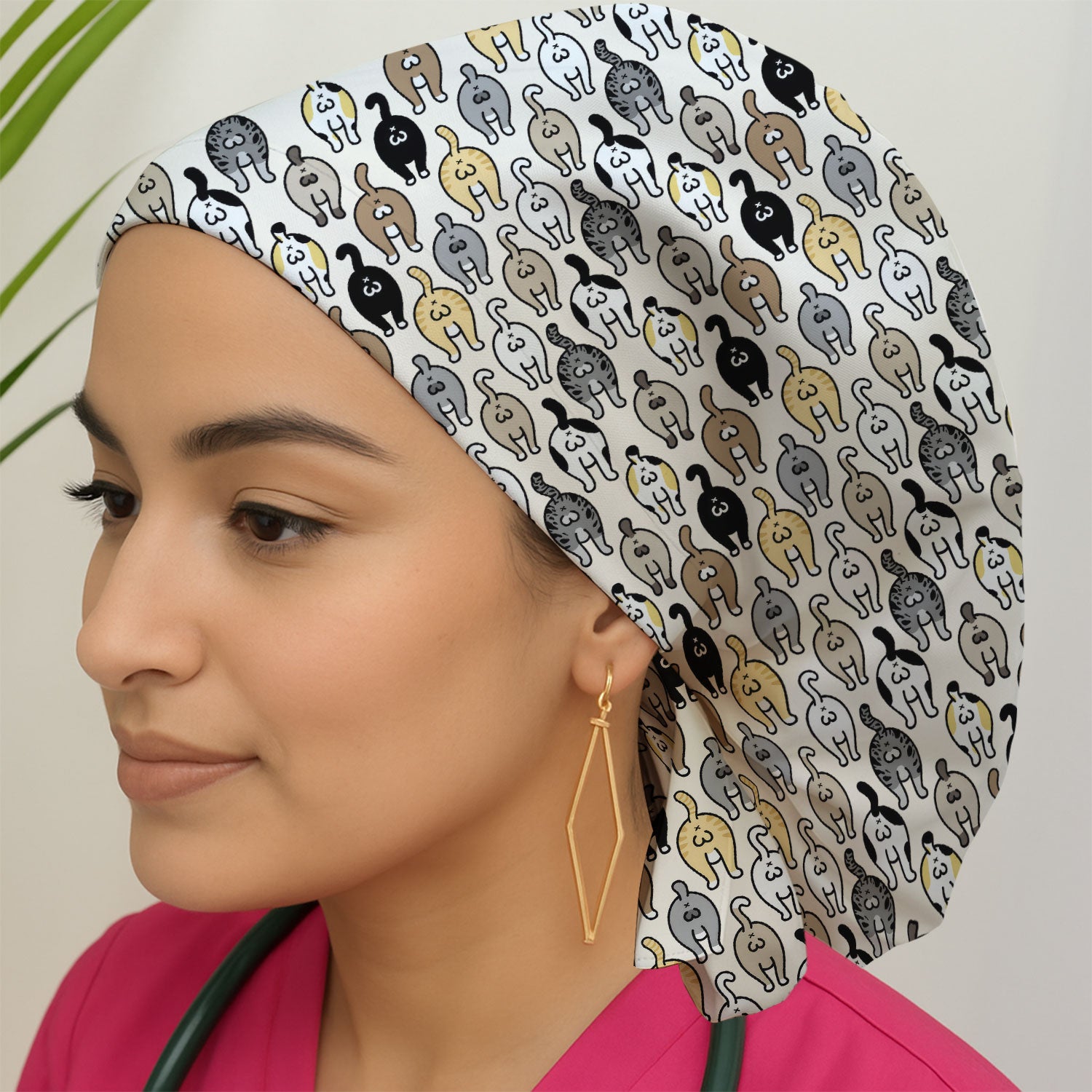 Cat Lover Nurse Scrub Cap, Funny Cat Butt Pattern Medical Hat, Breathable Fabrics Nursing Uniform