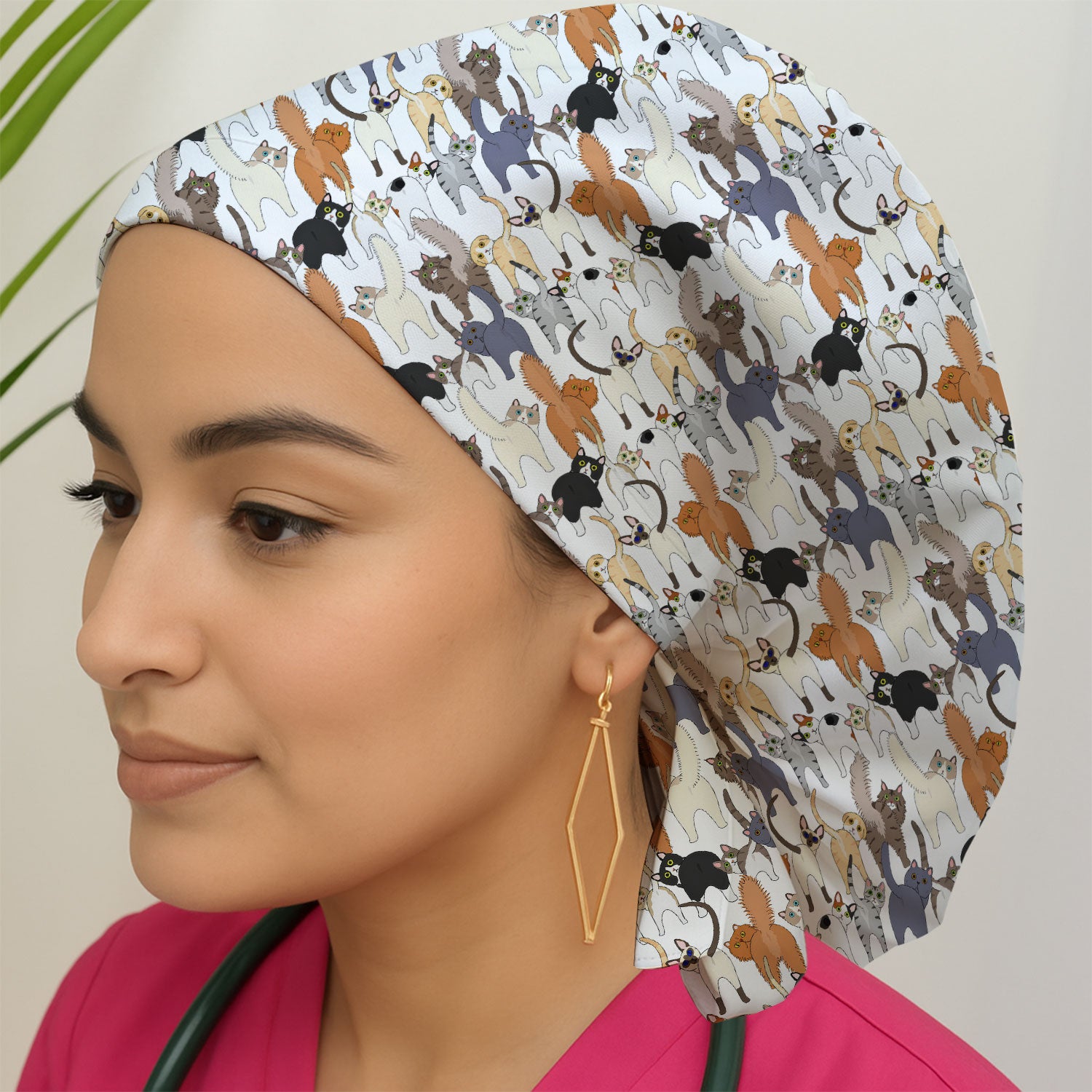 Whimsical Multicolor Cat Cartoon Pattern Cap, Bouffant Scrub Caps for Women
