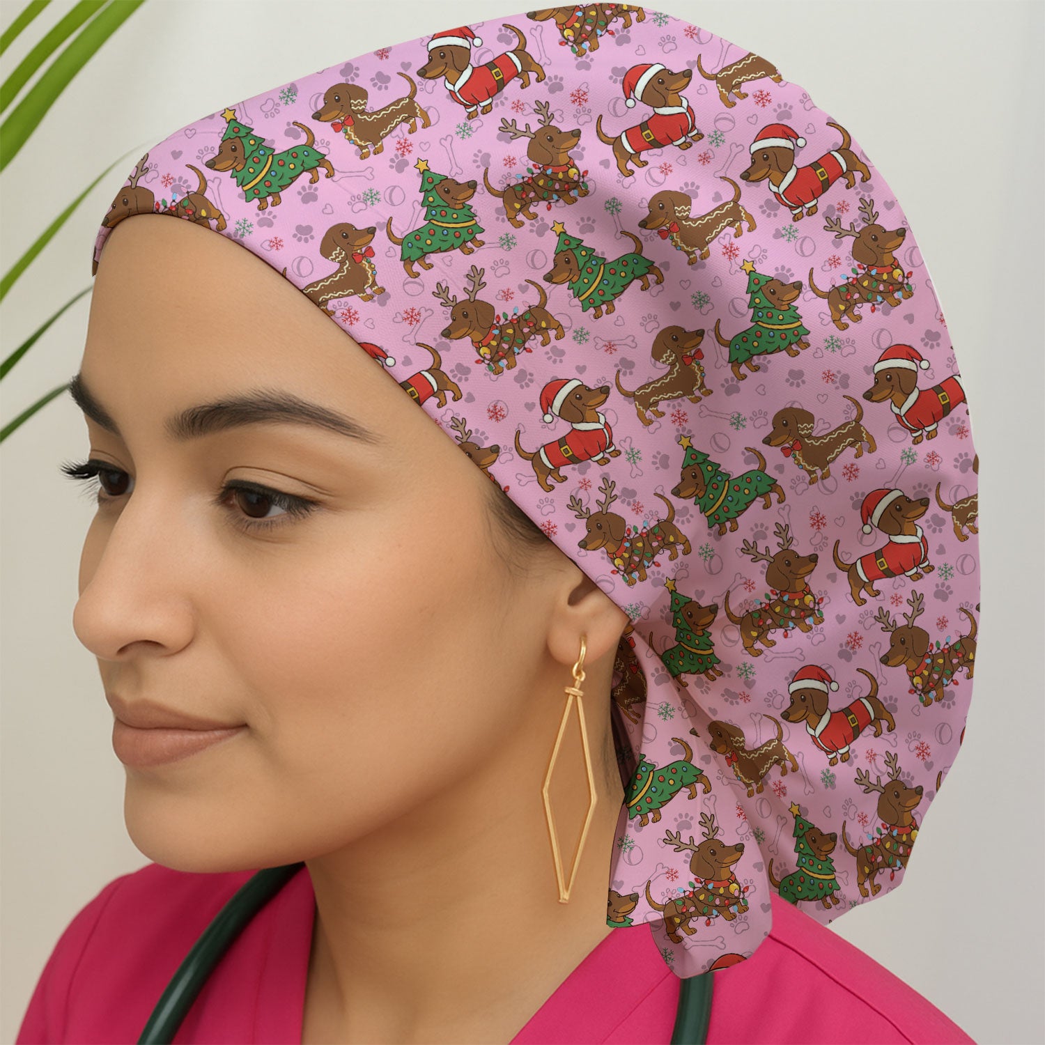 Christmas Dachshund Scrub Cap - Sausage Dog Wiener Holiday Surgical Hat Multi Color - Xmas Gift for RN CNA LPN