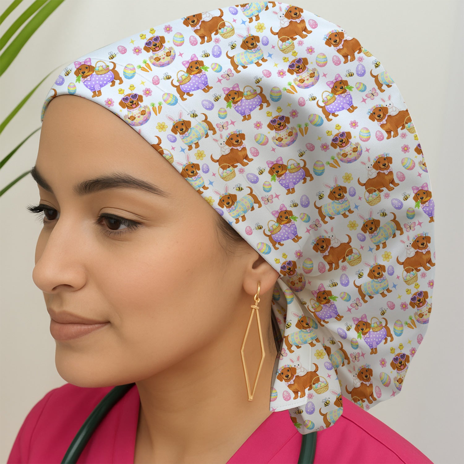 Cute Easter Dachshund Dog Pattern  Print Cap, Bouffant Scrub Caps for Women