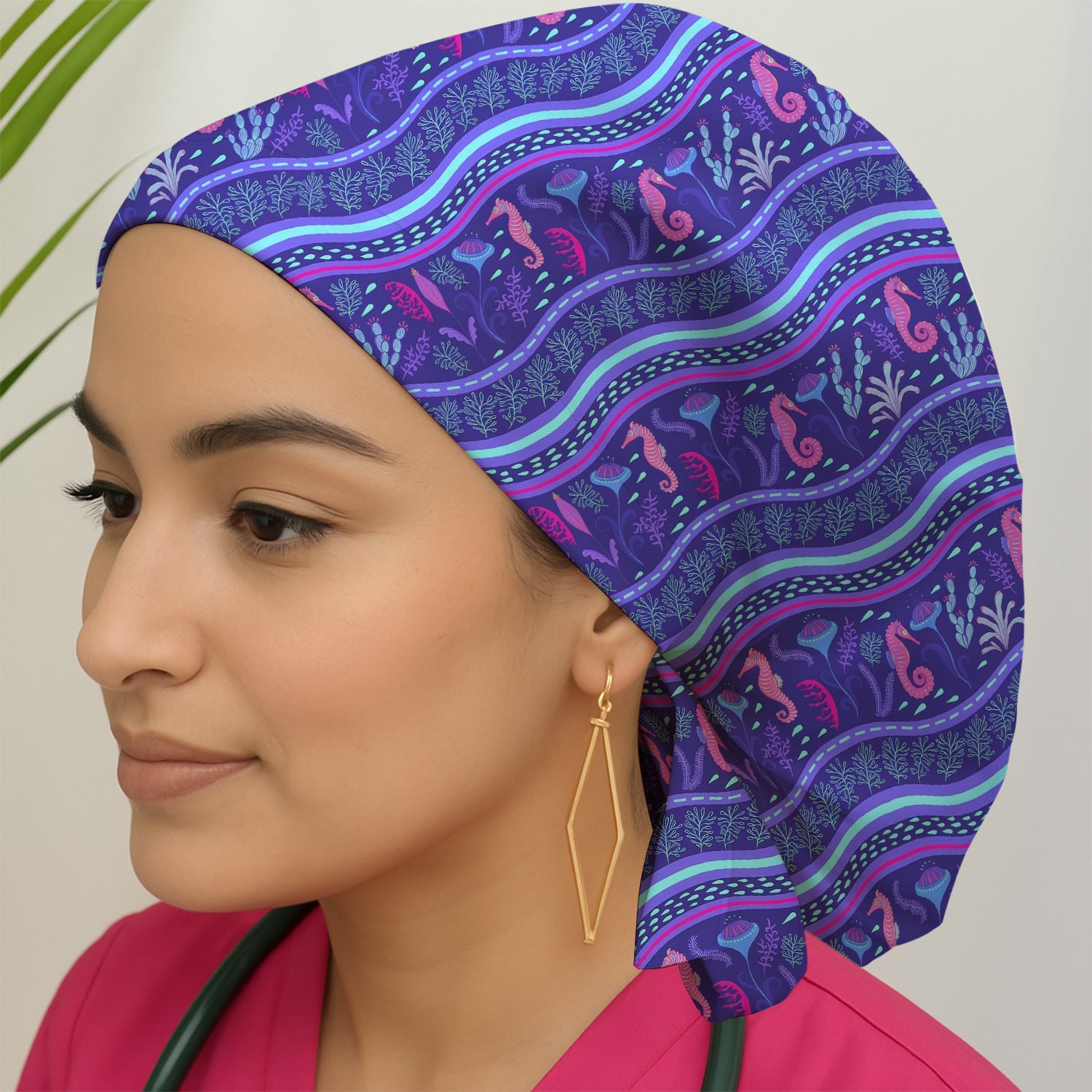 Purple Seahorse Ocean Pattern Scrub Cap, Surgical Caps for Doctors