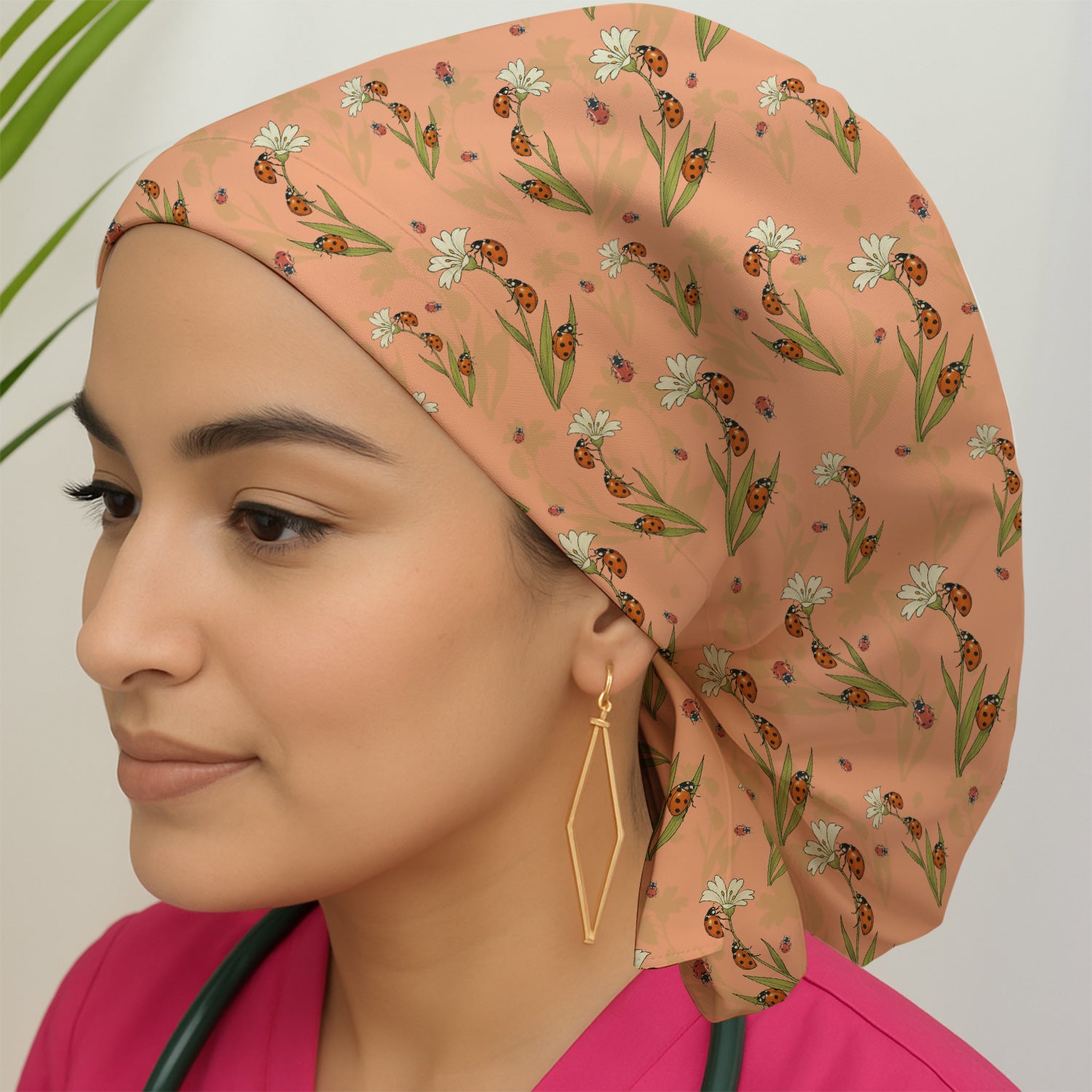 Fresh Daisy Ladybug Garden Pattern Cap, Bouffant Scrub Caps for Women