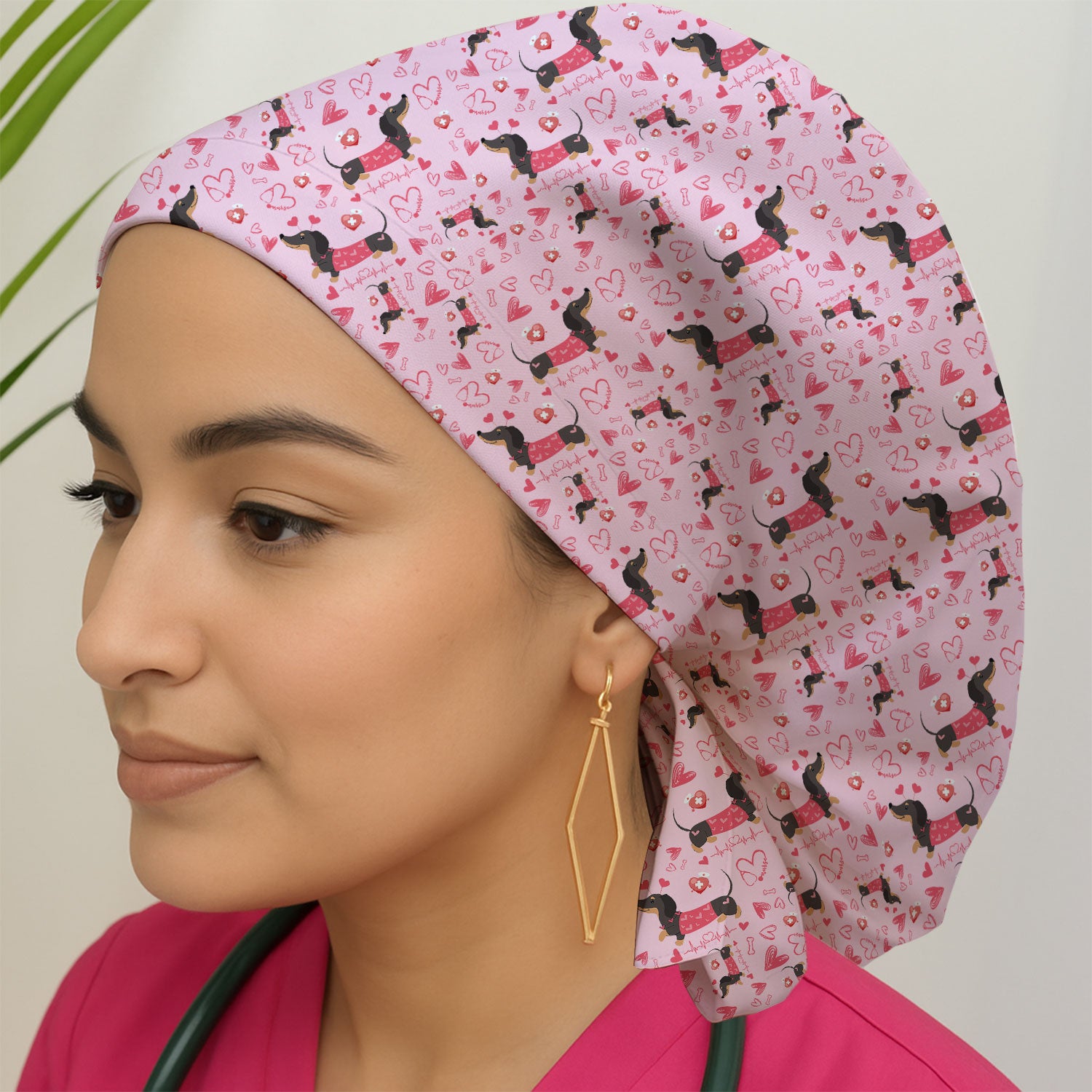 Dachshund Valentine Scrub Cap, Cute Wiener Dog Heart Pattern Nurse Hat, Breathable Fabrics Nursing Uniform
