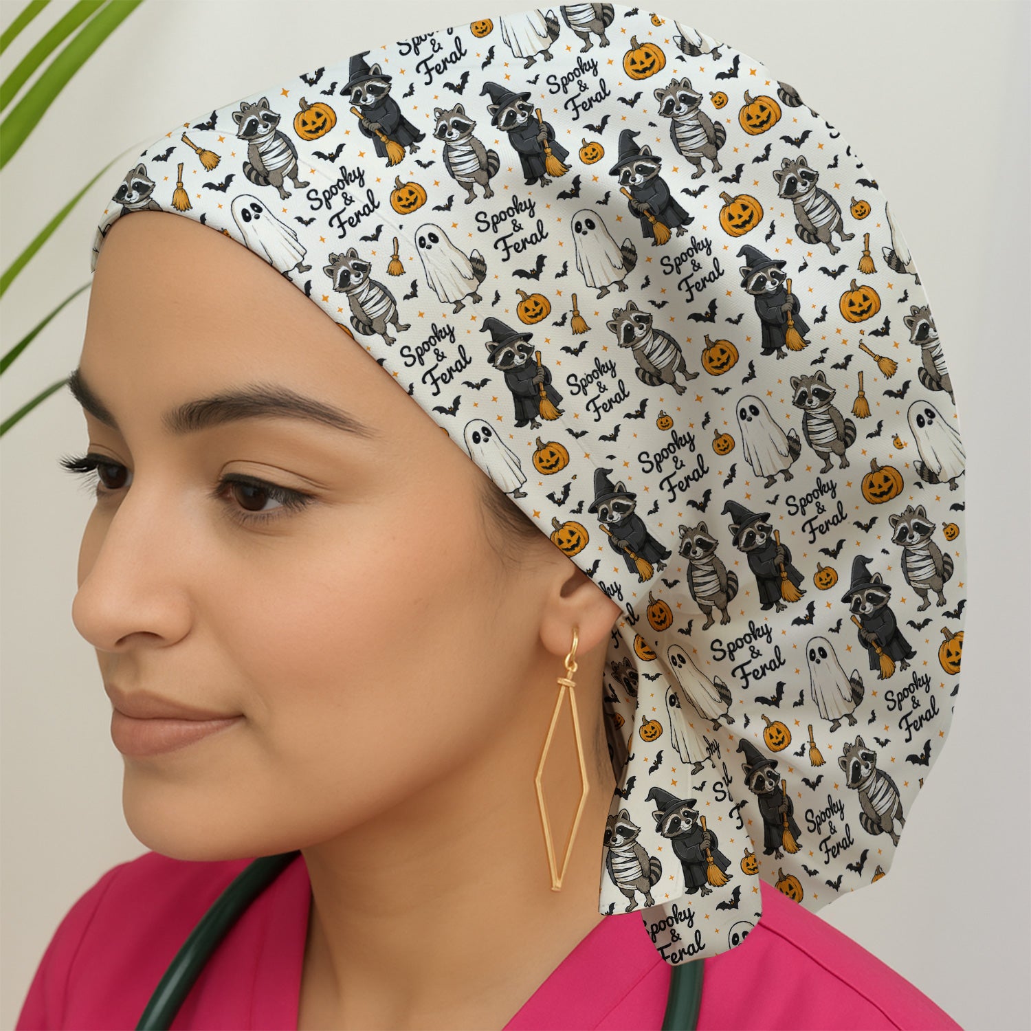 Spooky And Feral Halloween Raccoon Scrub Cap, Surgical Caps for Doctors