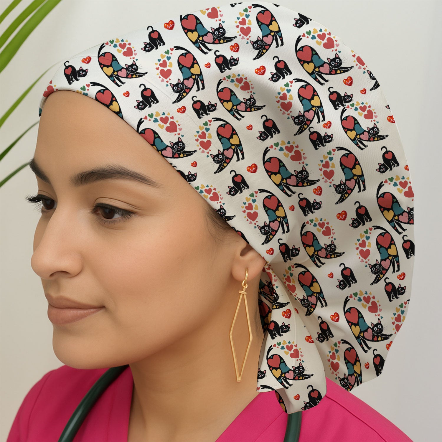 Playful Cat Valentine Heart Print Nurse Scrub Cap, Bouffant Scrub Caps for Women