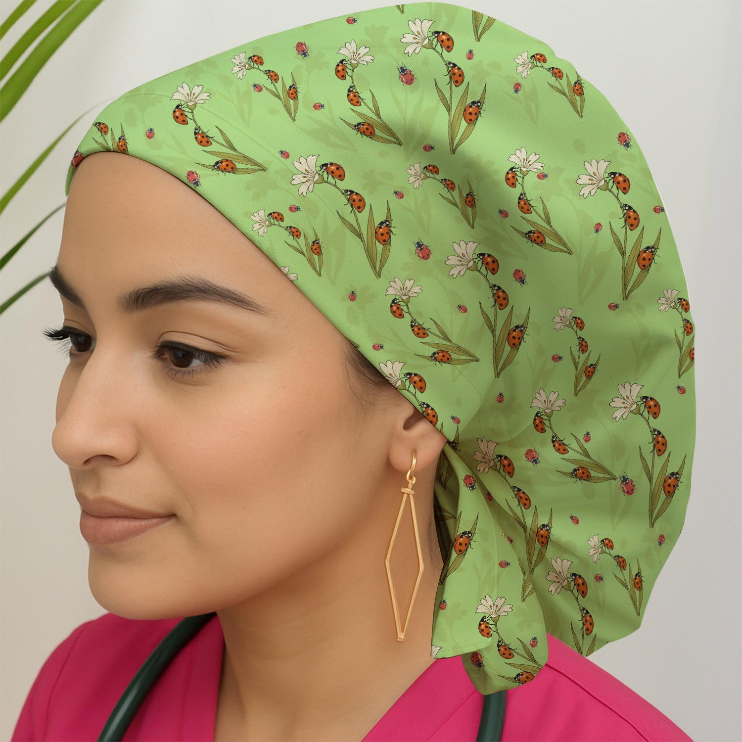 Fresh Daisy Ladybug Garden Pattern Cap, Bouffant Scrub Caps for Women