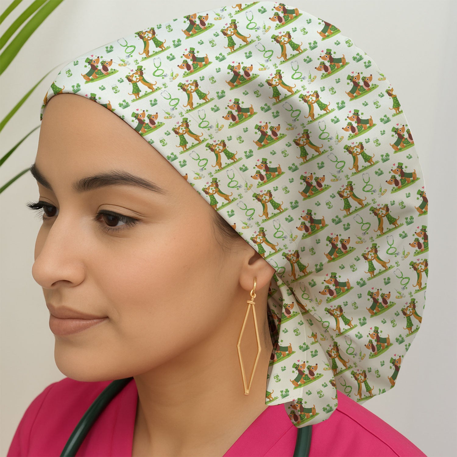 Valentine Cute Dachshund Nurse Pattern with Dog Heart Design, Bouffant Scrub Caps for Women