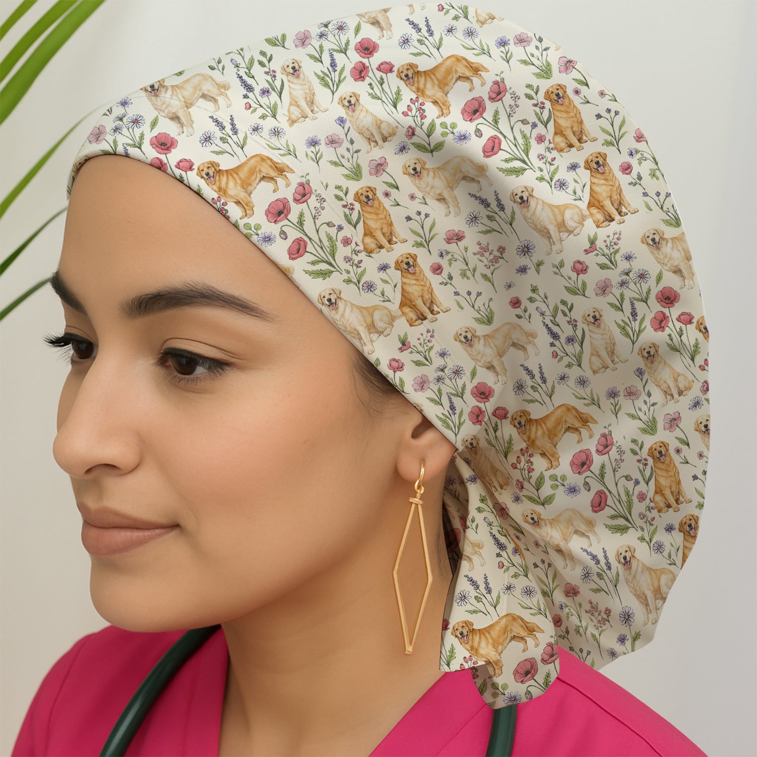 Cute Golden Retriever Floral Pattern Scrub Cap, Breathable Fabrics Caps Uniform