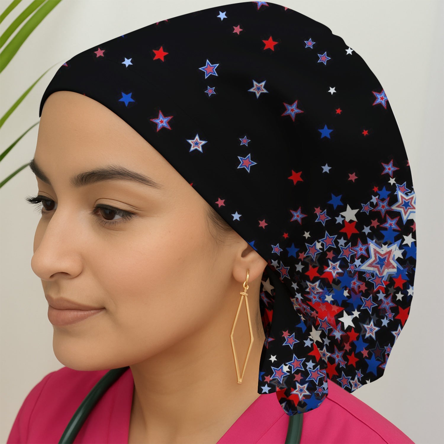 Festive Patriotic Red Blue Star Pattern Nurse Scrub Cap, Surgical Caps for Doctors