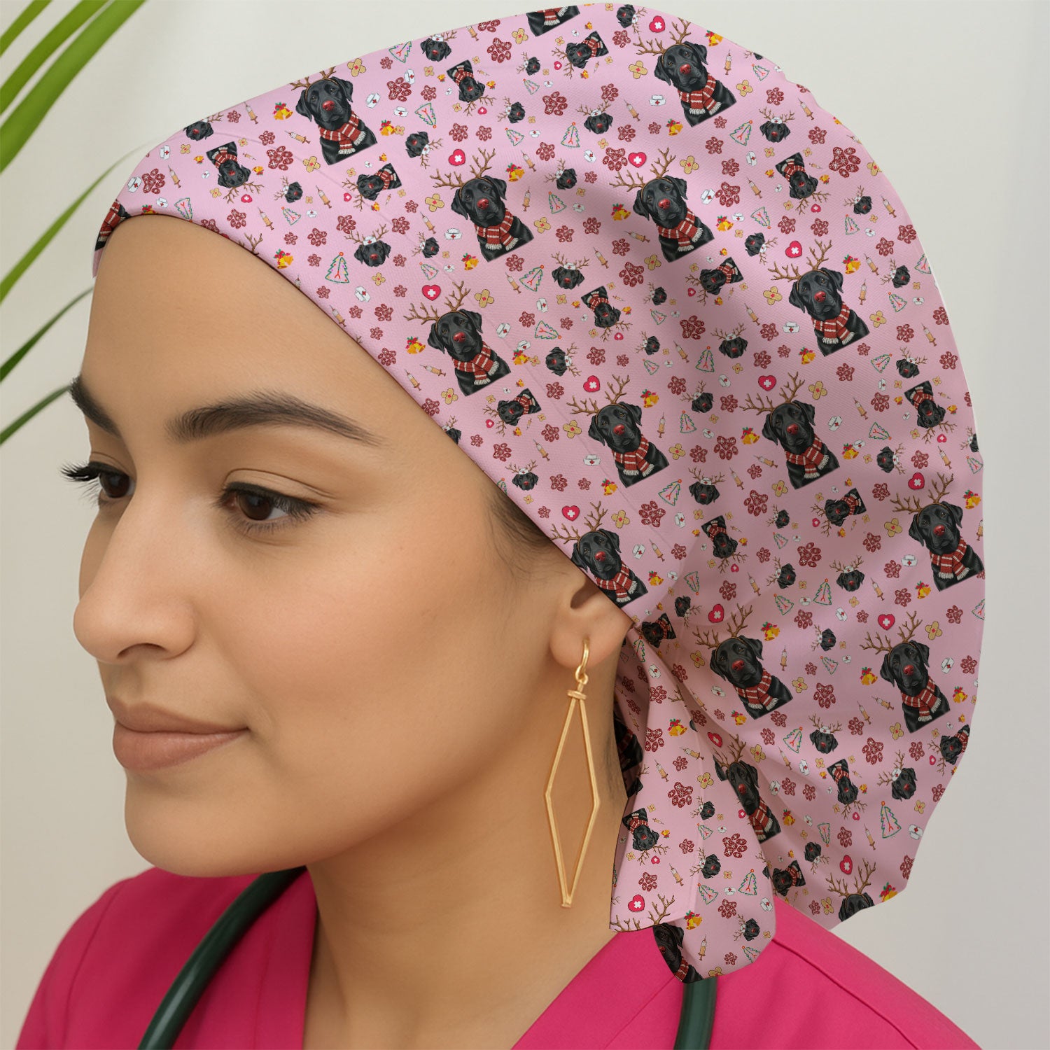 Funny Black Lab Reindeer Bouffant Scrub Caps for Women - Christmas Dog Lover Caps for Her