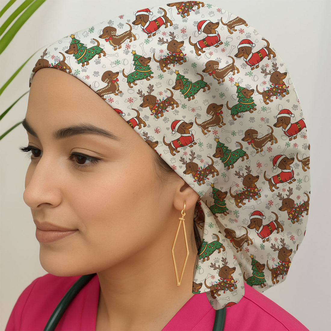 Christmas Dachshund Scrub Cap - Sausage Dog Wiener Holiday Surgical Hat Multi Color - Xmas Gift for RN CNA LPN