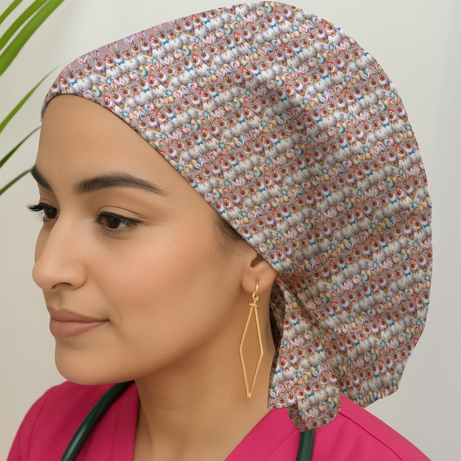 Easter Bunny Chicken Pattern Print Cap, Bouffant Scrub Caps for Women