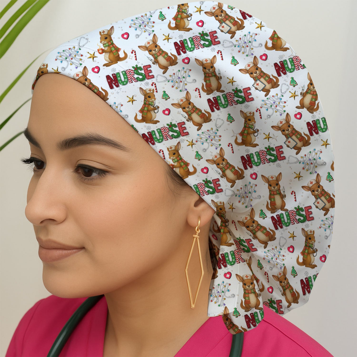 Aussie Kangaroo Christm Bouffant Scrub Caps for Women - Funny Holiday Nursing Gift - Breathable Fabrics Caps Uniform