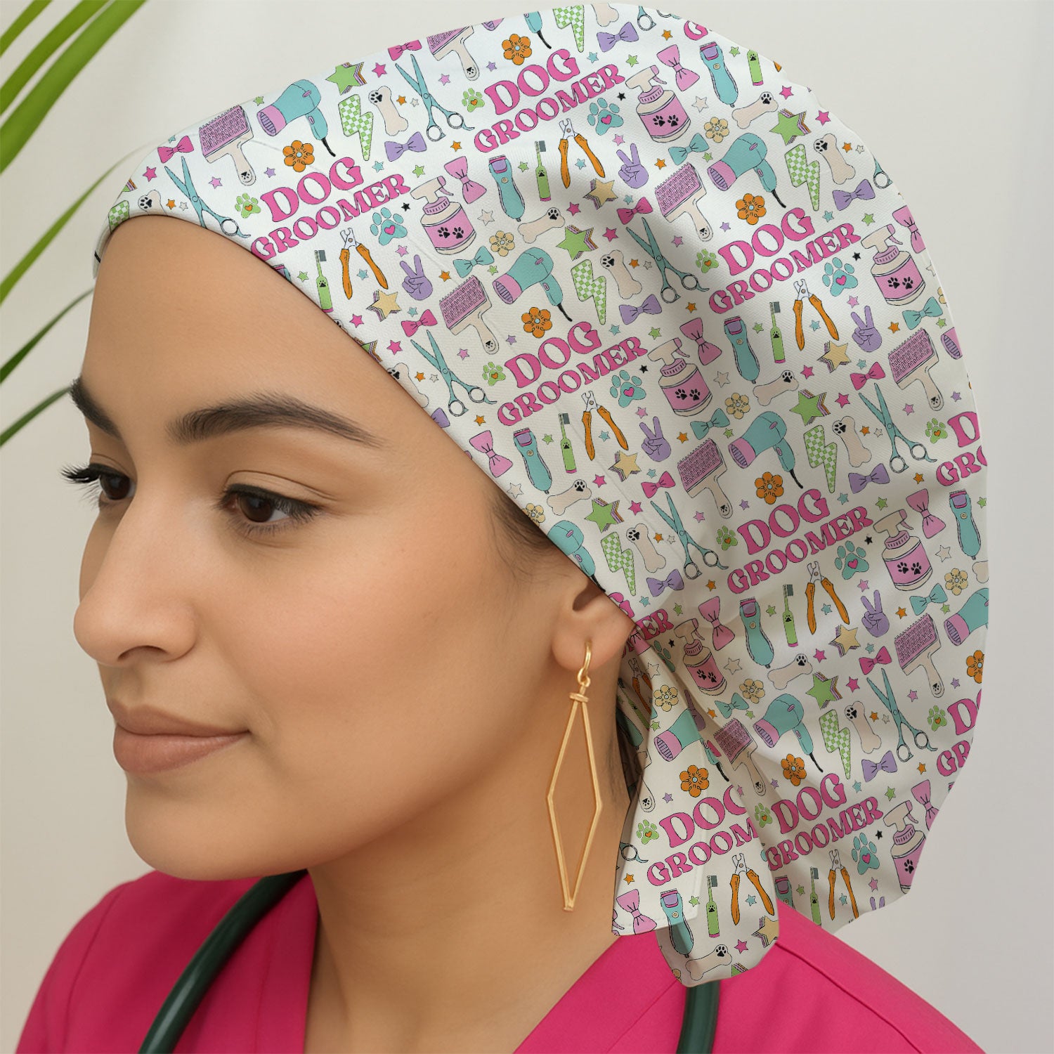 Dog Groomer Tools Pattern Scrub Cap, Bouffant Scrub Caps for Women
