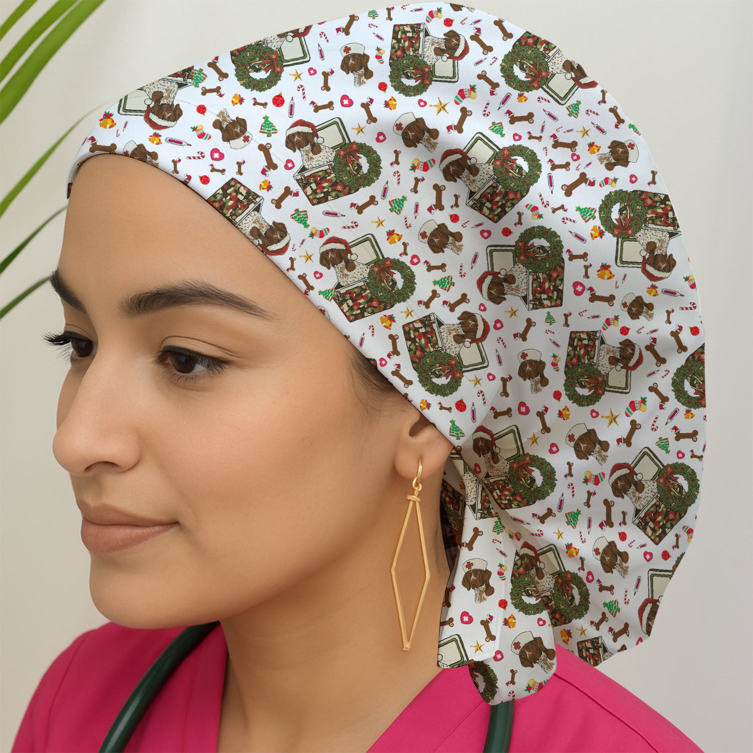 Christmas Dachshund Bouffant Scrub Caps for Women - Cute Sausage Dog Nursing Gift