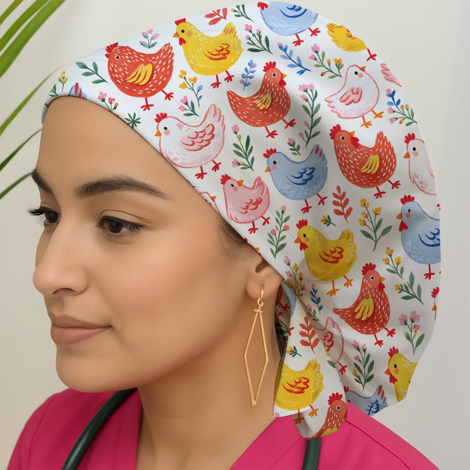 Fun Cartoon Hen Print Scrub Cap, Breathable Fabrics Caps Uniform