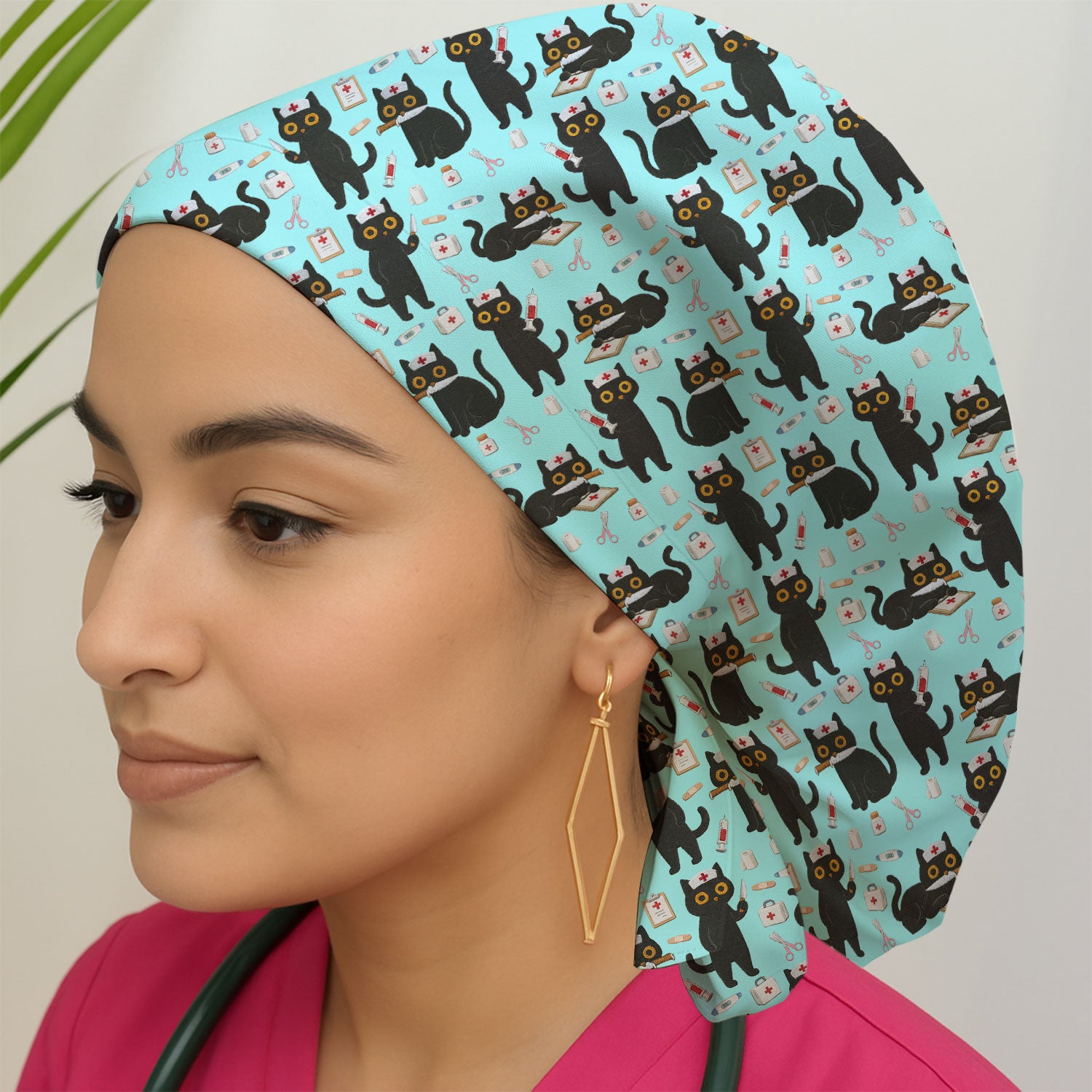 Cute Black Cat Nurse Pattern Cap, Bouffant Scrub Caps for Women
