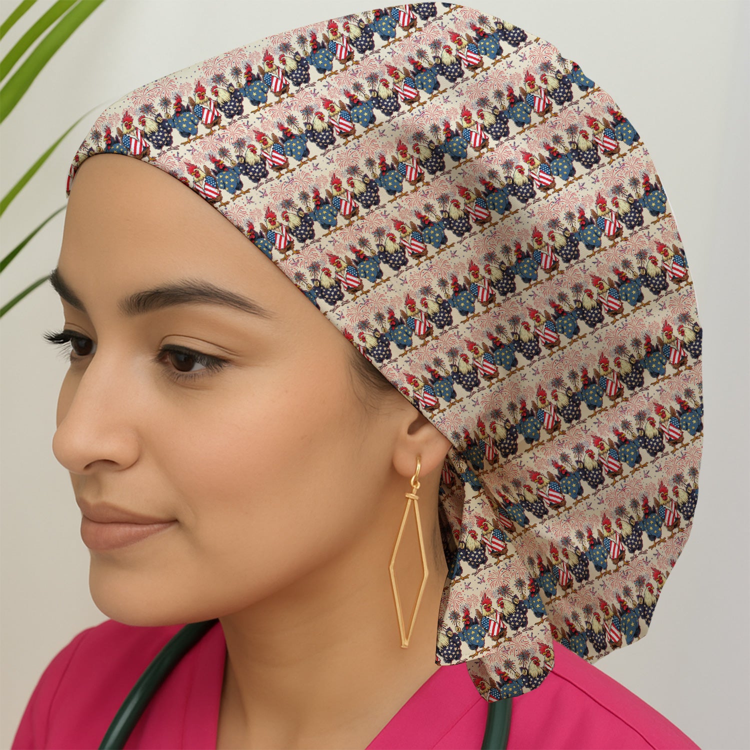 Patriotic Rooster Fireworks Pattern Cap, Bouffant Scrub Caps for Women