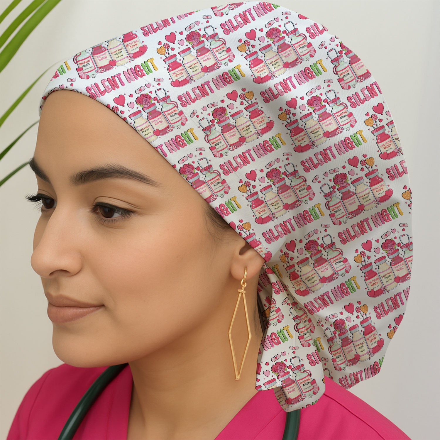 Valentine Silent Night Love Design Scrub Caps, Bouffant Caps for Women