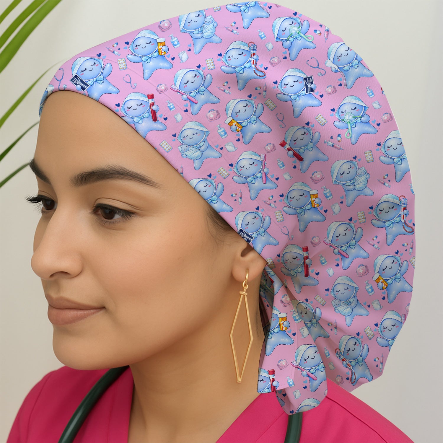 Cute Tooth Character Dental Tools Caring Pattern Scrub Cap, Surgical Caps for Doctors