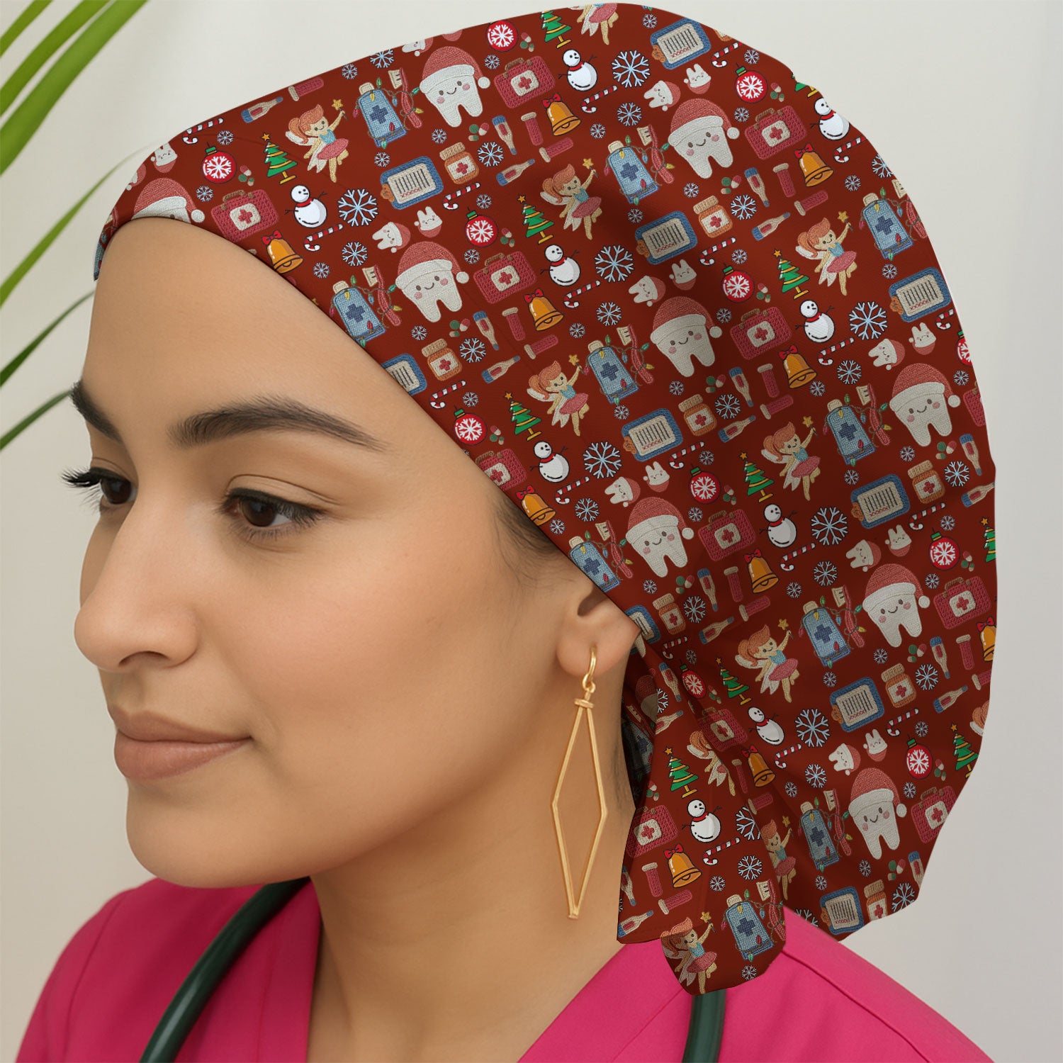 Christmas Dental Bouffant Scrub Caps for Women - Cute Santa Tooth & Snowman Holiday Nursing Gift - Breathable Caps