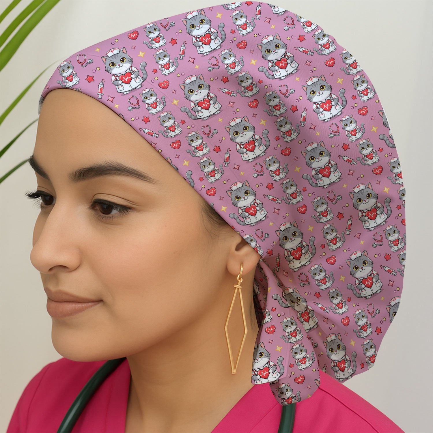 Cute Nurse Cat Heart Medical Print Cap,  Bouffant Scrub Caps for Women
