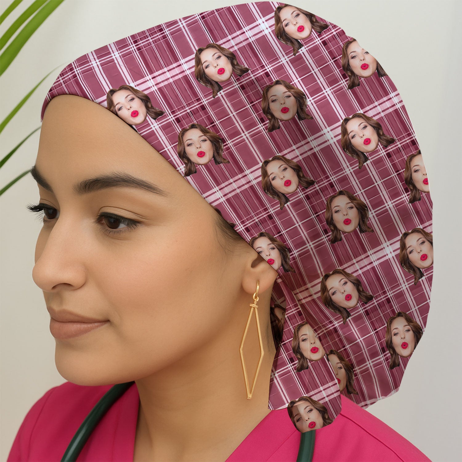 Personalized Funny Face Plaid Scrub Cap, Custom Photo Pattern Surgical Cap For Doctors, Breathable Fabrics Caps Uniform