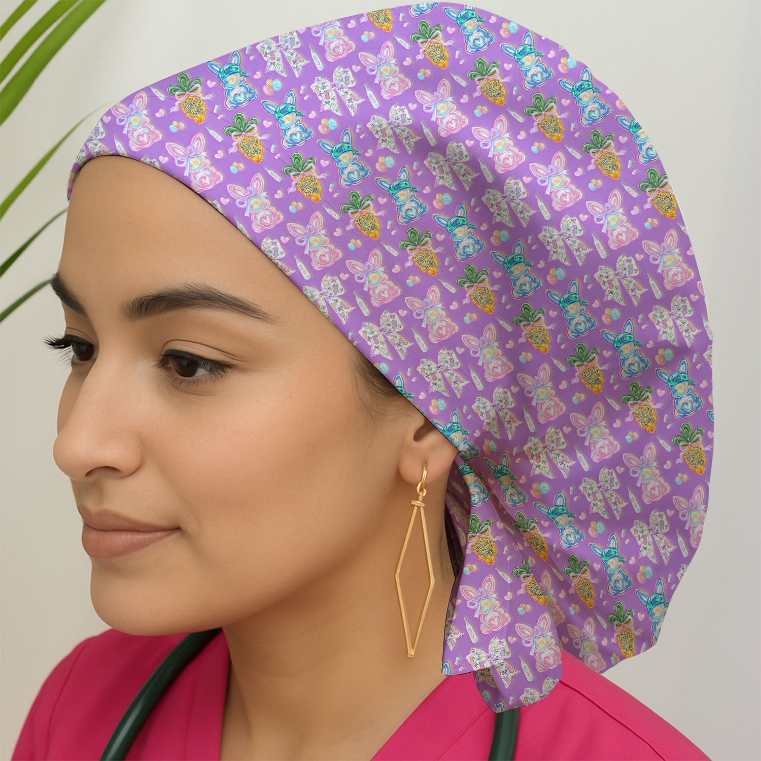 Easter Bunny Carrot Bow Floral Print Cap, Bouffant Scrub Caps for Women