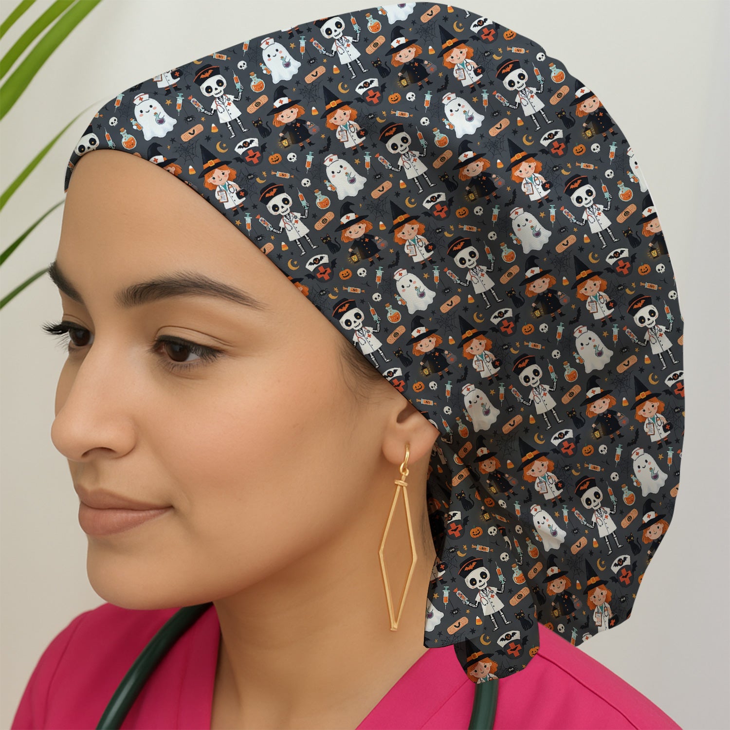 Halloween Witch And Skeleton Nurse Scrub Cap, Surgical Caps for Doctors