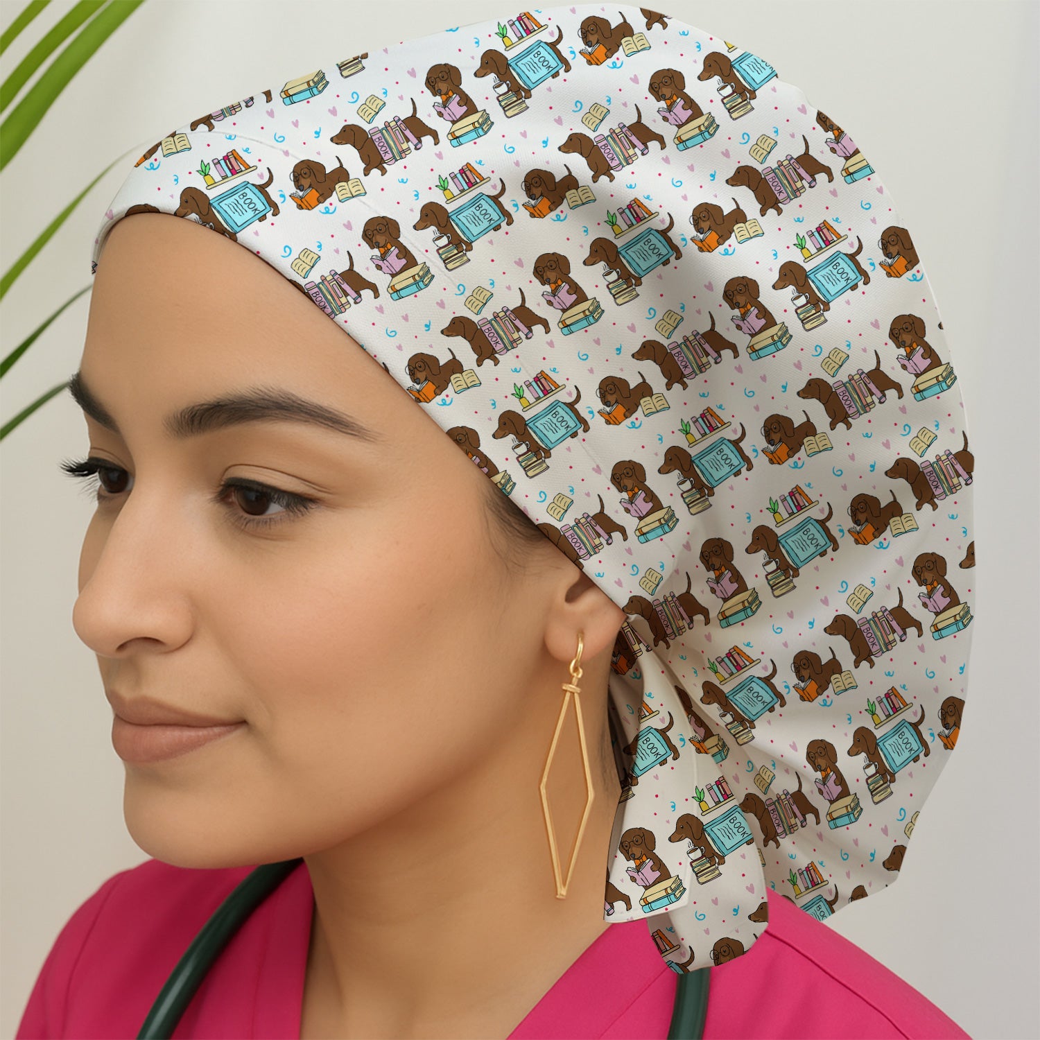 Cute Bookish Dachshund Reading Scrub Cap, Surgical Caps for Doctors