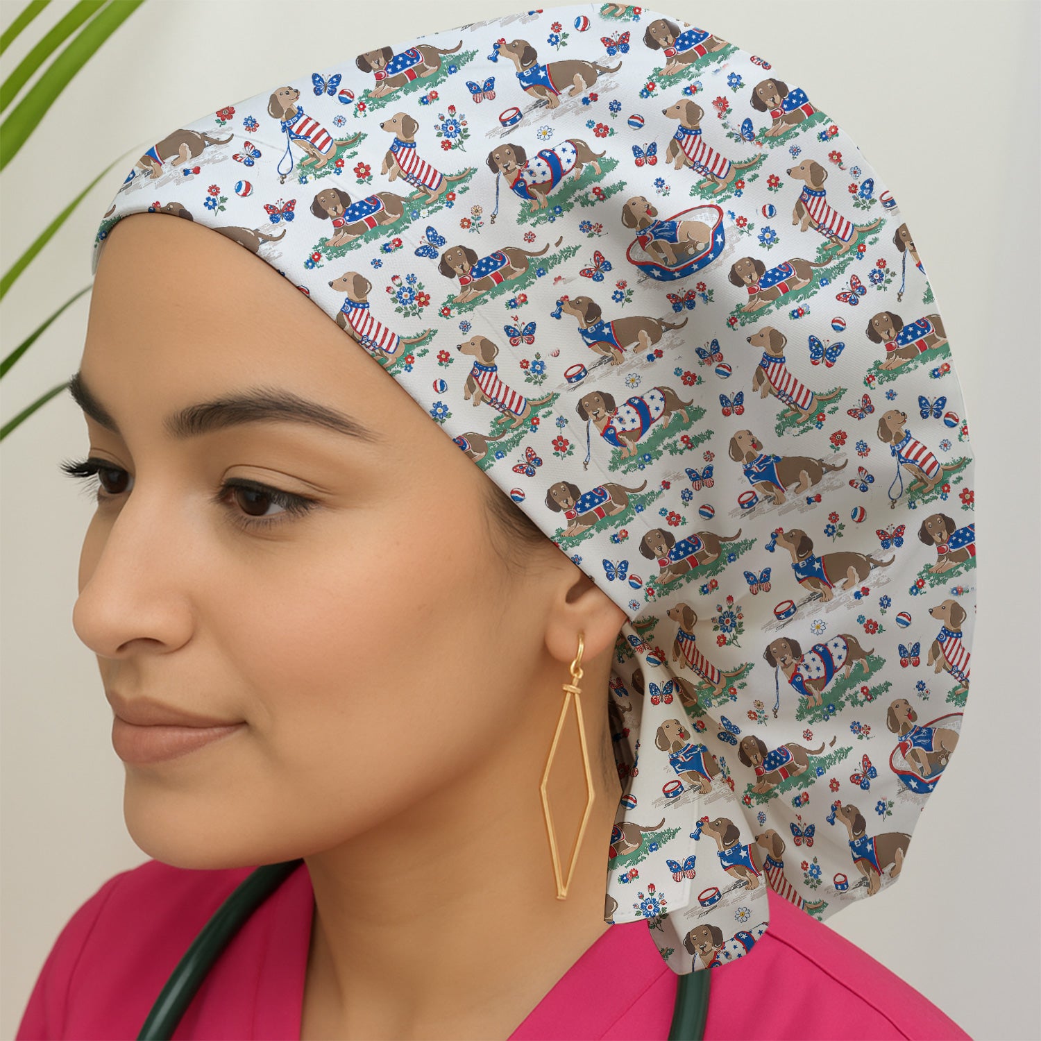 Patriotic Dachshund Garden Party Pattern Scrub Cap, Surgical Caps for Doctors
