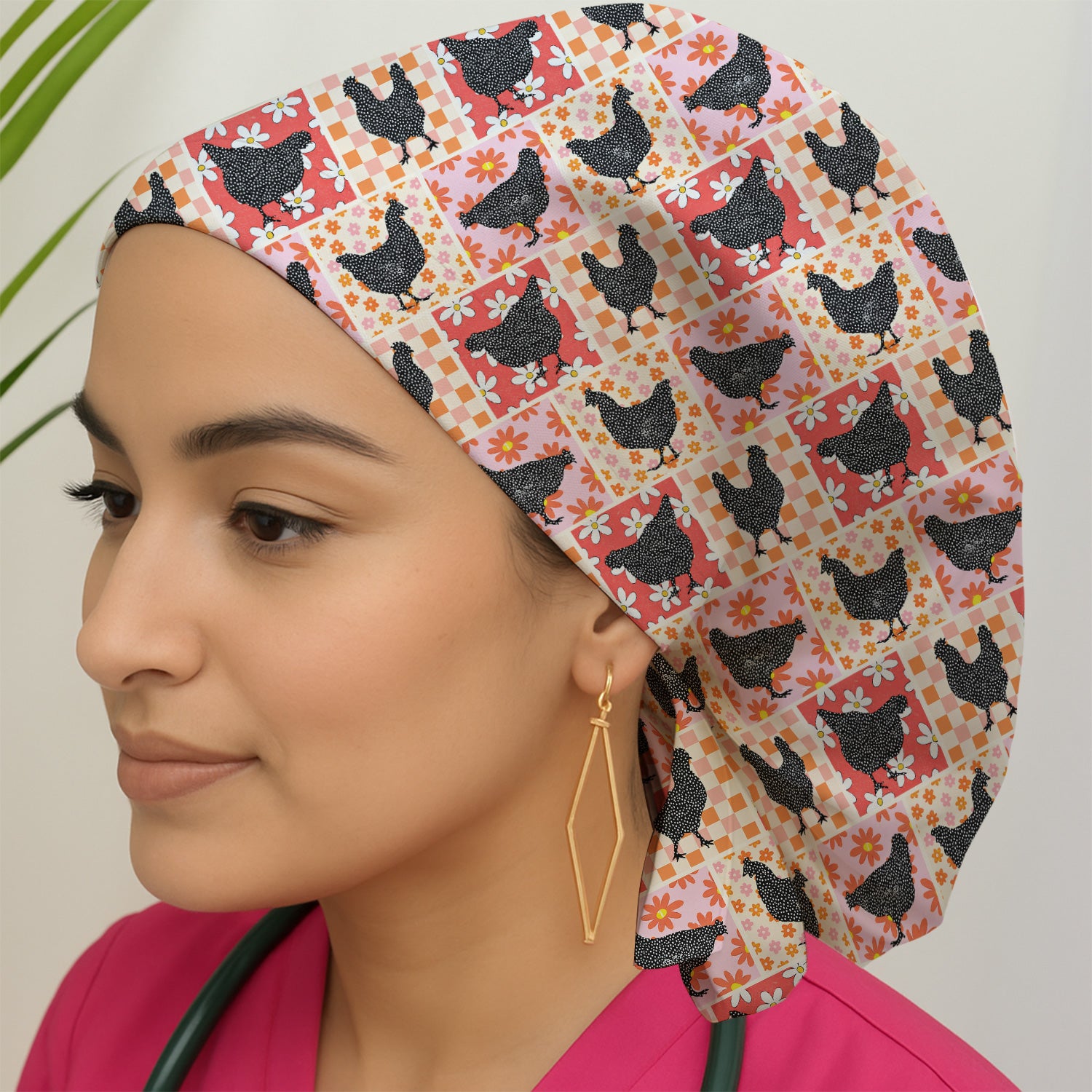 Charming Chicken Patchwork Floral Pattern Scrub Cap, Breathable Fabrics Caps Uniform