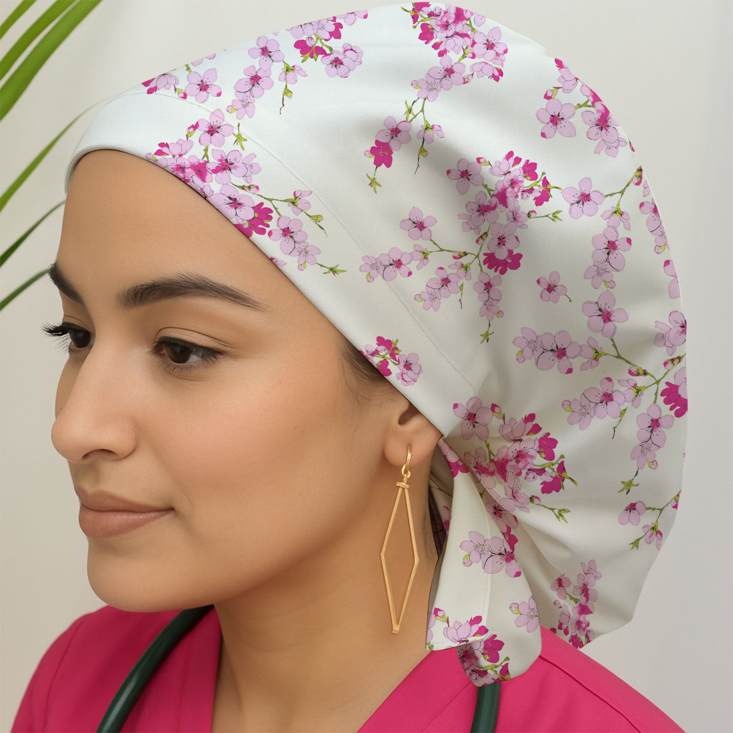 Elegant Cherry Blossom Floral Pattern Bouffant Cap, Scrub Caps for Women